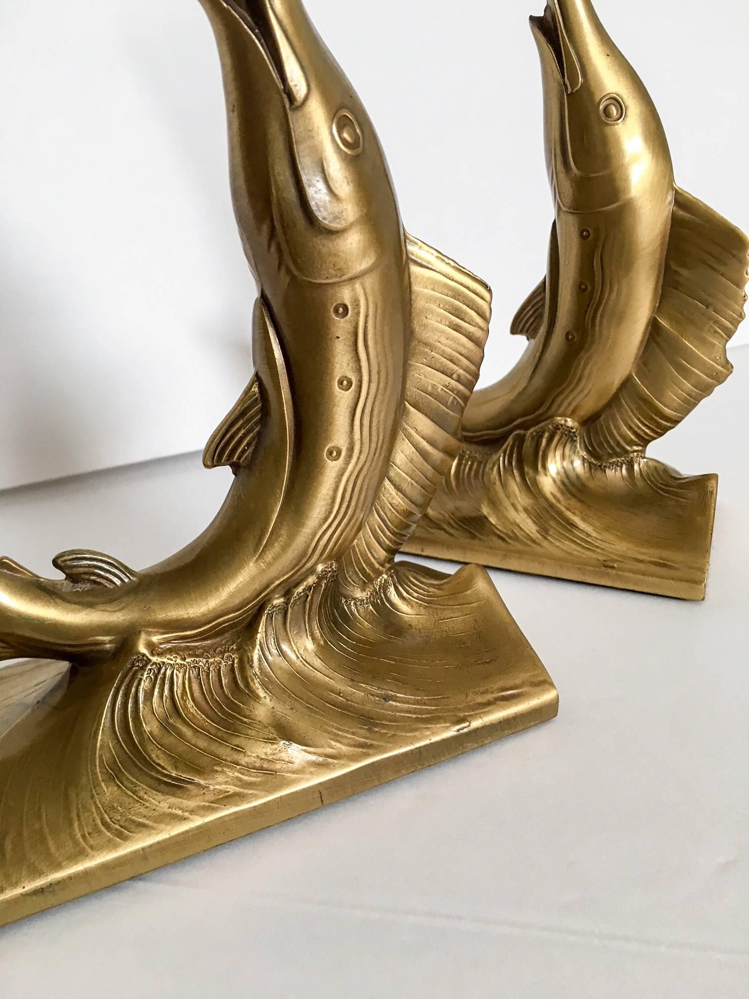Hollywood Regency Gold Blue Marlin Nautical Bookends, a Pair