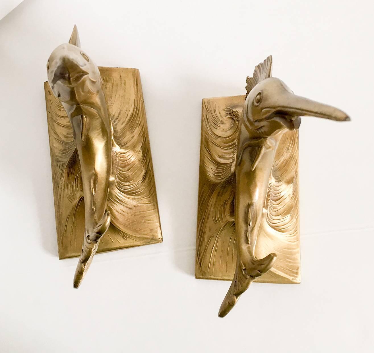 Gold Blue Marlin Nautical Bookends, a Pair In Excellent Condition In Richmond, VA