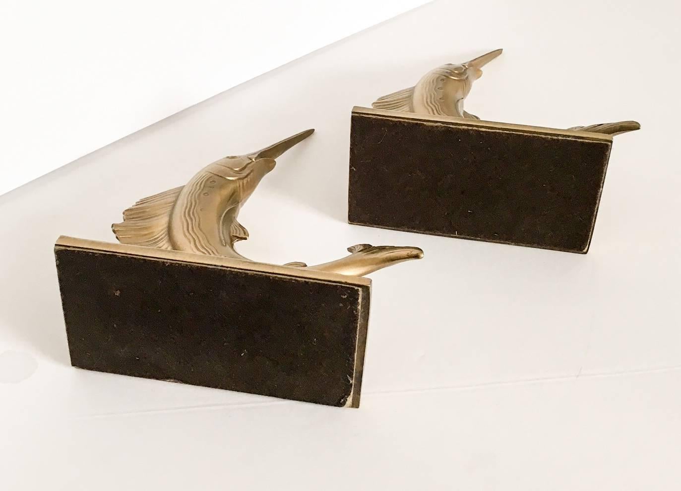 Mid-20th Century Gold Blue Marlin Nautical Bookends, a Pair