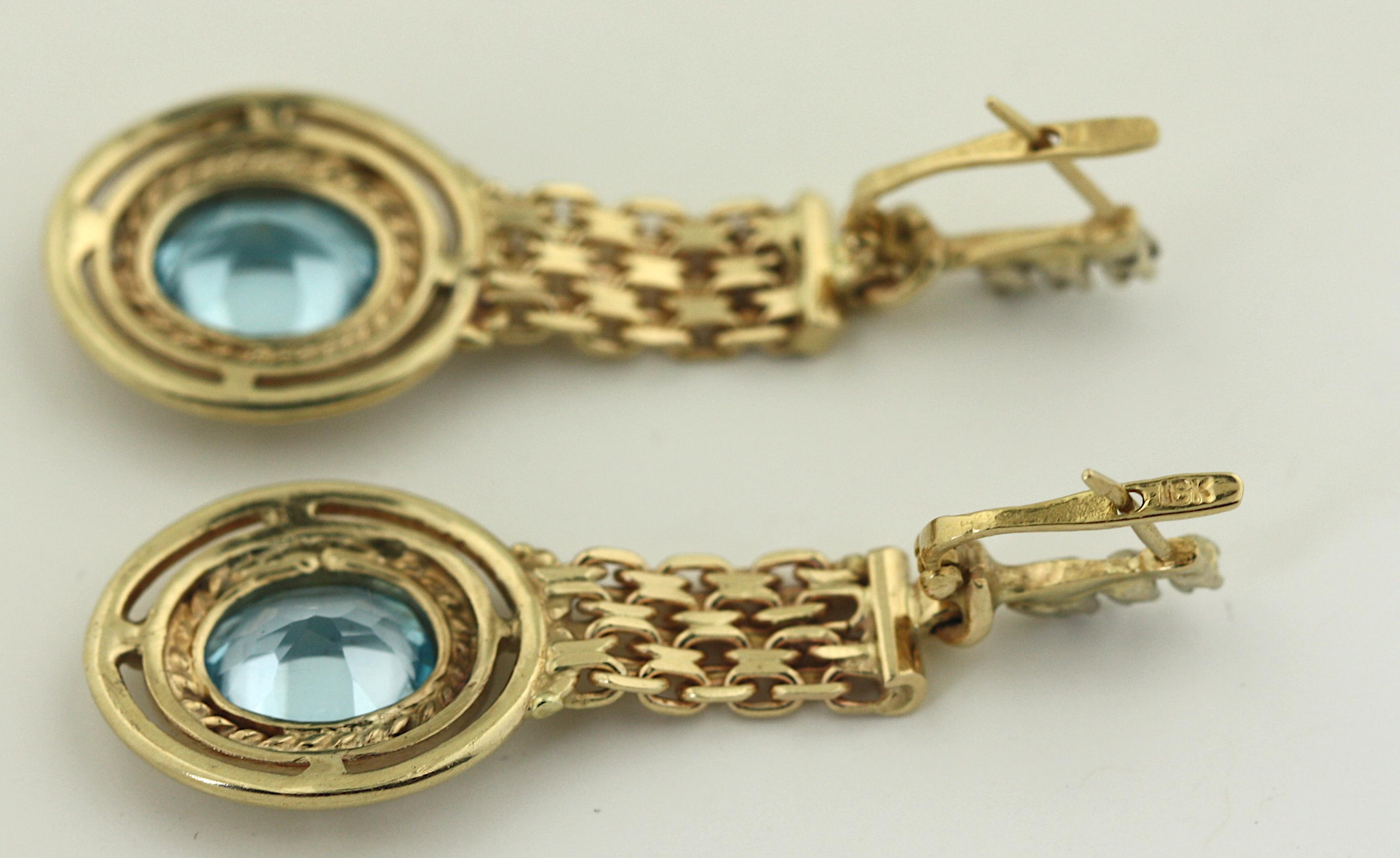 Oval Cut Gold, Blue Topaz and Diamond Earrings For Sale