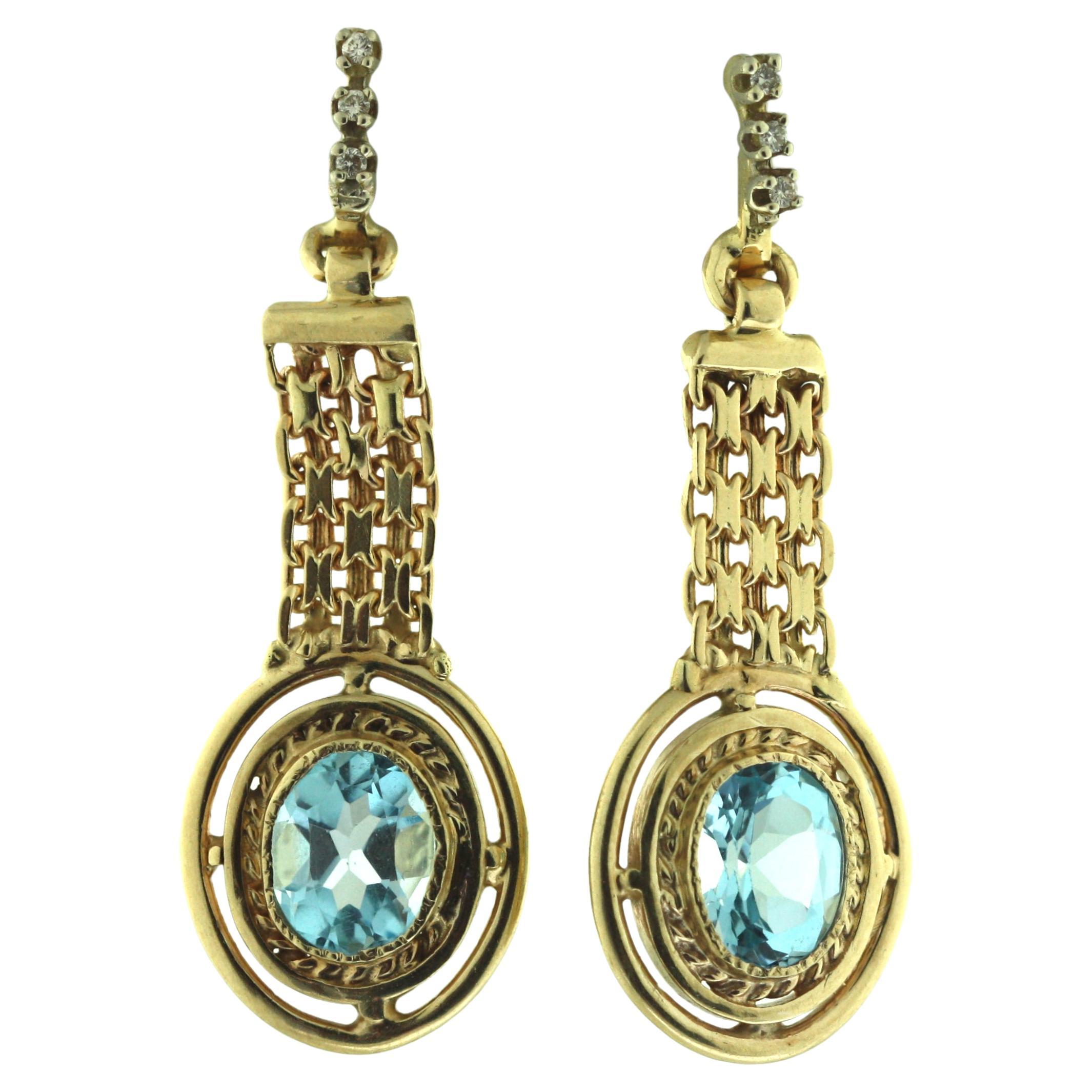 Gold, Blue Topaz and Diamond Earrings For Sale