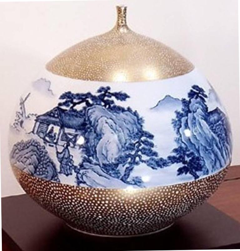 Gilt Gold Blue White Porcelain Vase by Contemporary Japanese Master Artist