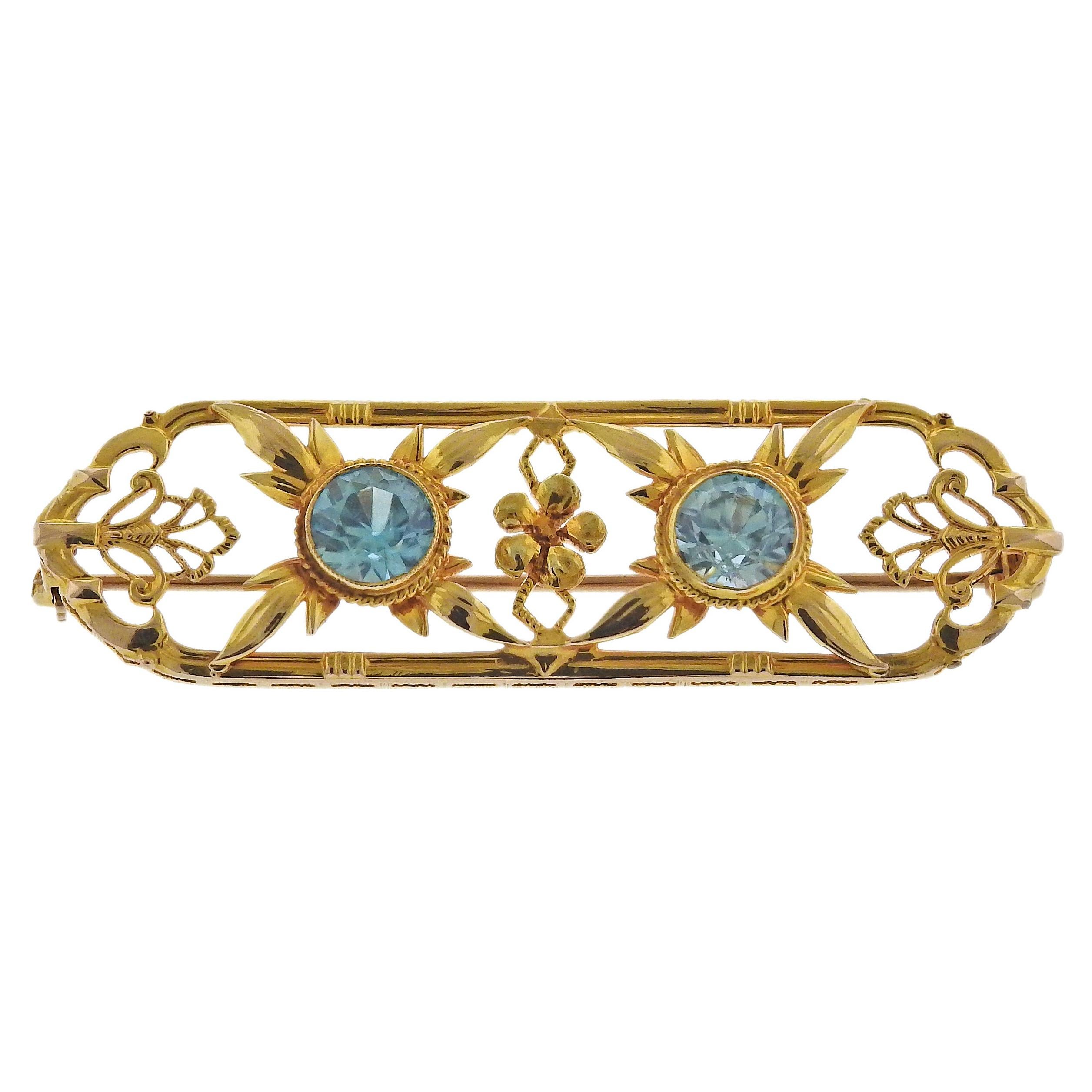 Gold Blue Zircon Brooch Pin For Sale