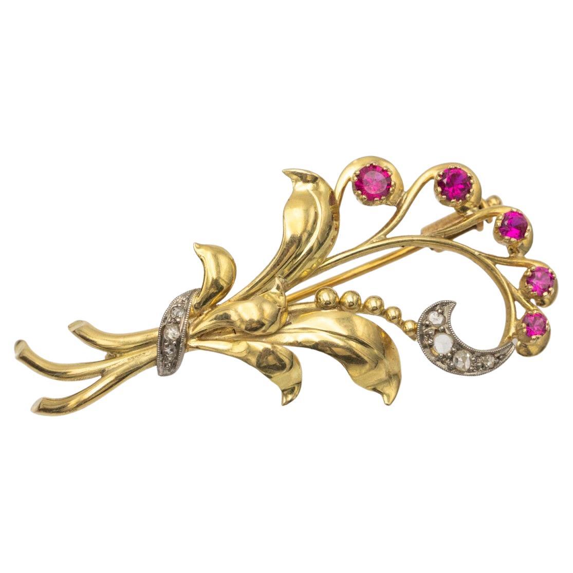 Gold bouquet of flowers brooch with synthetic rubies and diamonds