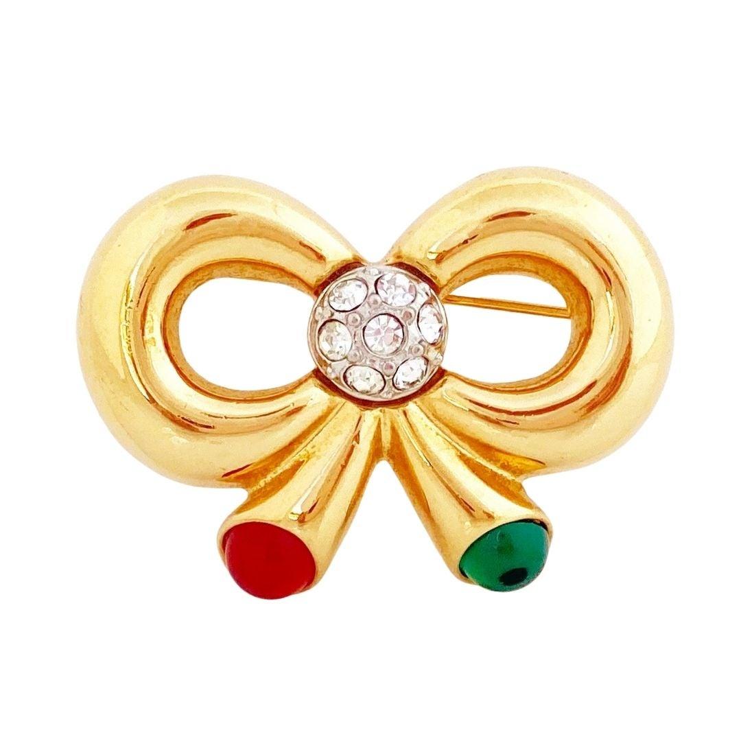 Gold Bow Figural Brooch With Gripoix Glass By Joan Rivers, 1990s