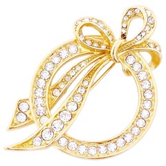 Gold Bow Wreath Brooch With Crystal Rhinestones By Nolan Miller, 1980s