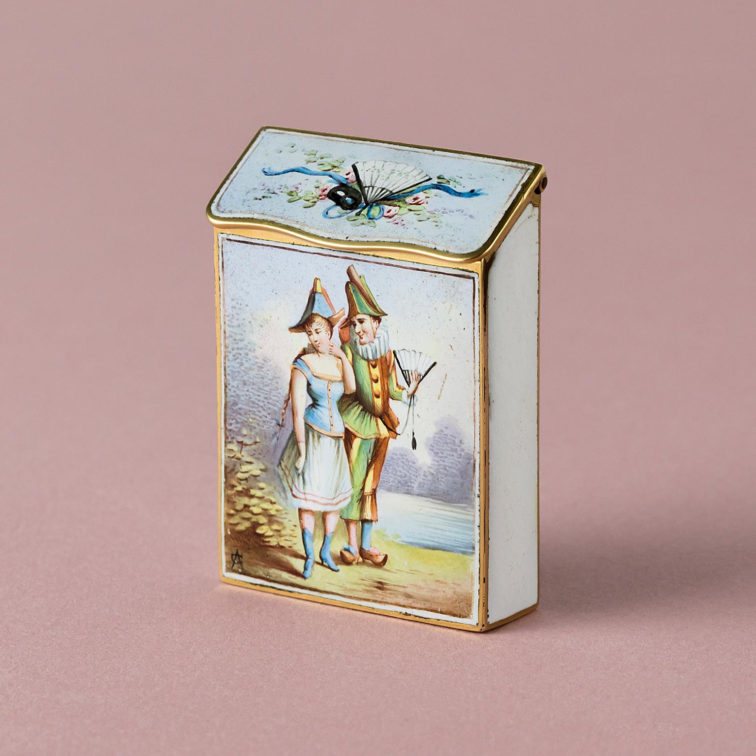 An attractive 19th century gold box with an enamel decor of the commedia dell’arte figures Harlequin and Columbina.

weight: 35.5 grams
height: 5 cm
