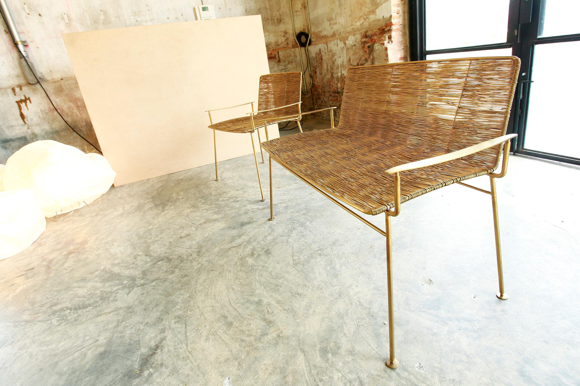 Contemporary Gold Boy Garden Bench in Gold Titanium Finish, Handmade Edition by Ango For Sale