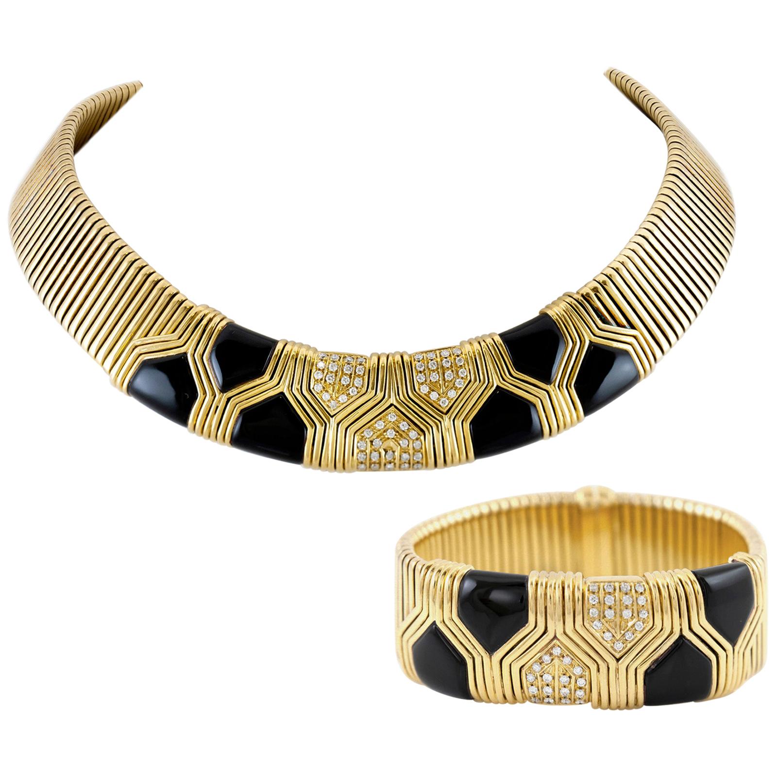 Gold Bracelet and Necklace Set with Onyx and Diamonds
