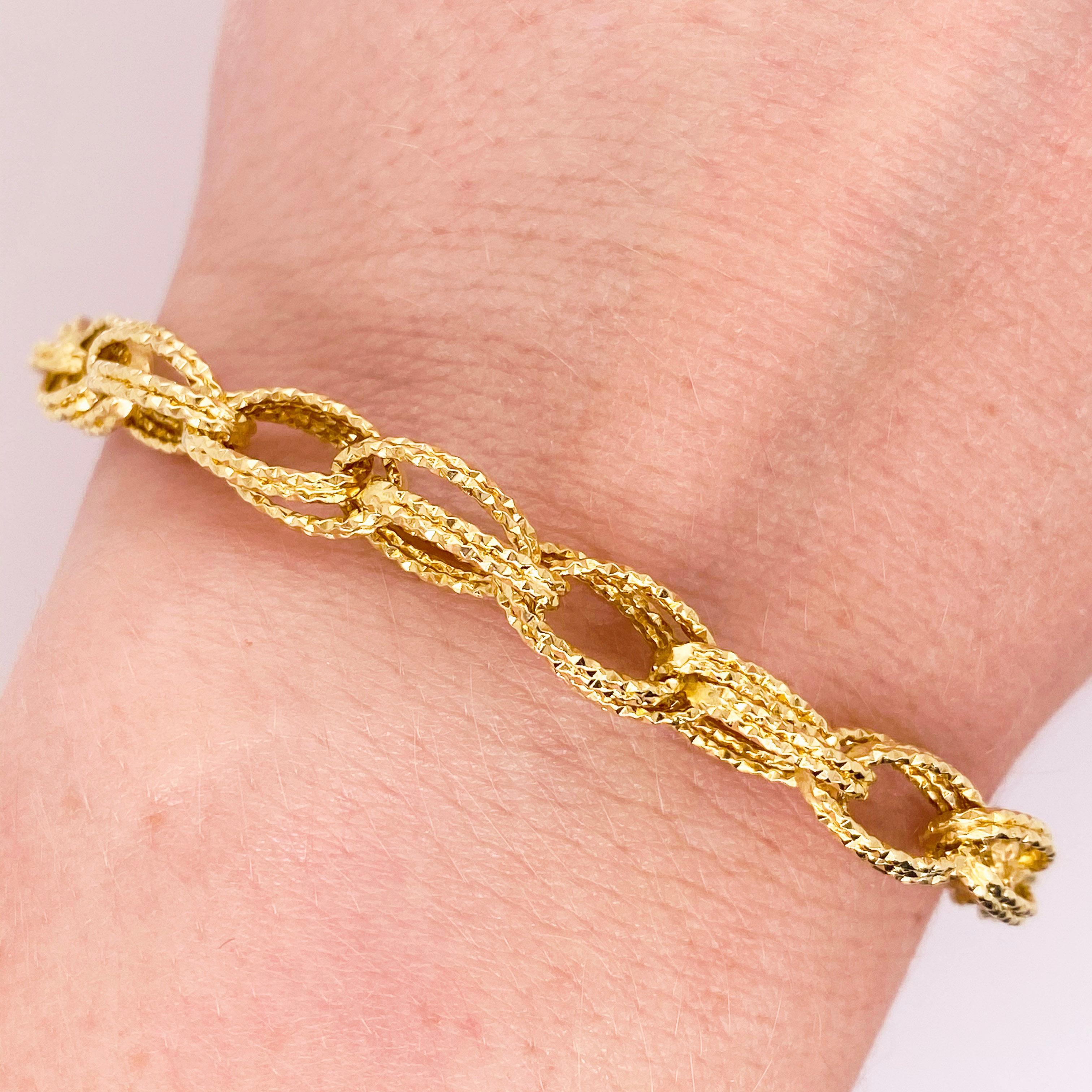 This 14k yellow gold bracelet matches everything and is the perfect addition to any outfit, casual or formal. This link bracelet is a large cable that has been diamond cut so it shimmers at each angle.  This bracelet would make the perfect gift for
