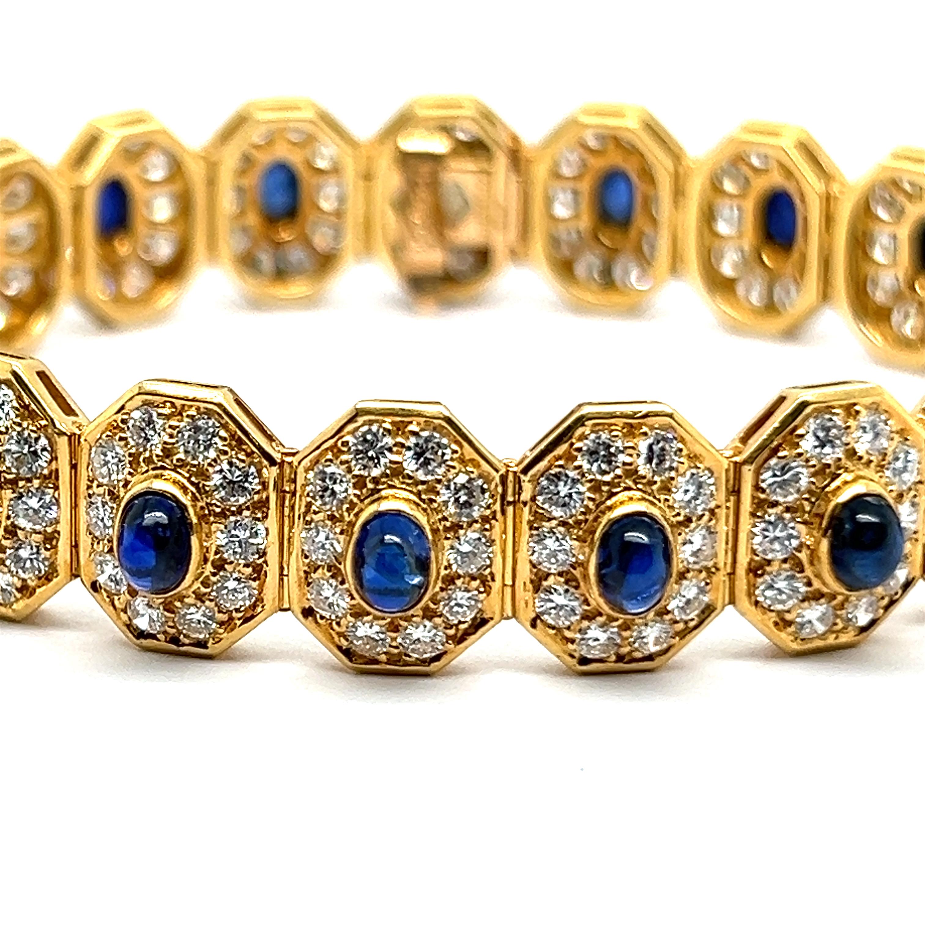 Indulge in the enchanting allure of Piaget's masterpiece: a stunning gold bracelet adorned with sapphires and diamonds. Crafted in exquisite 18 Karat yellow gold, this bracelet features 19 oval-cut sapphires totaling 6.50 carats and 190