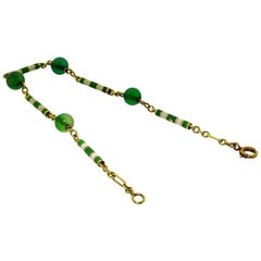 Antique Gold Bracelet with Jadeite Bead and Enamel Deco Hand Constructed, circa 1920s