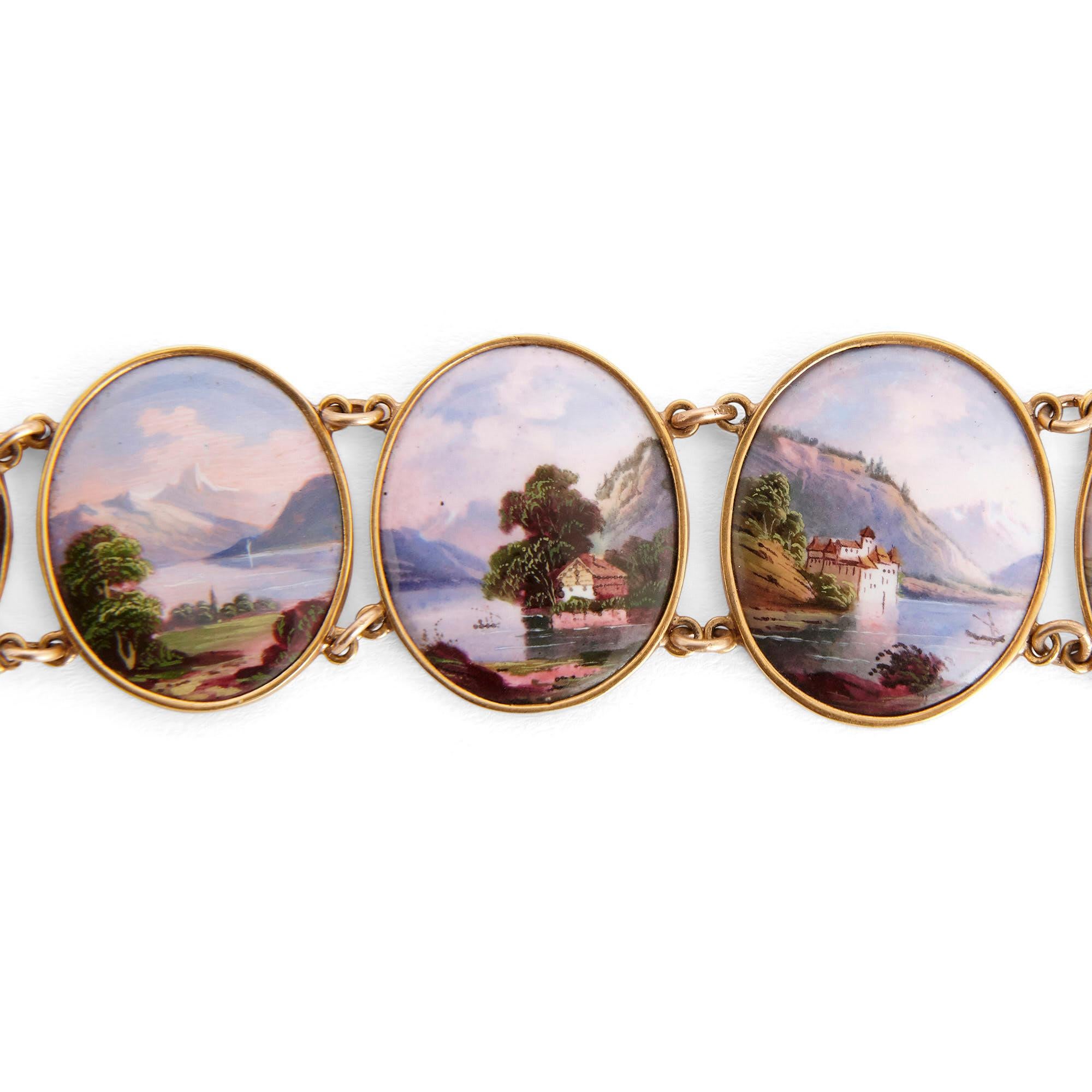 This seven-link bracelet, each link containing a painted landscape miniature on enamel, is crafted from yellow gold. Each of the miniatures portrays a Swiss landscape, whether an alpine scene or a view of a lakeside, with each of the paintings