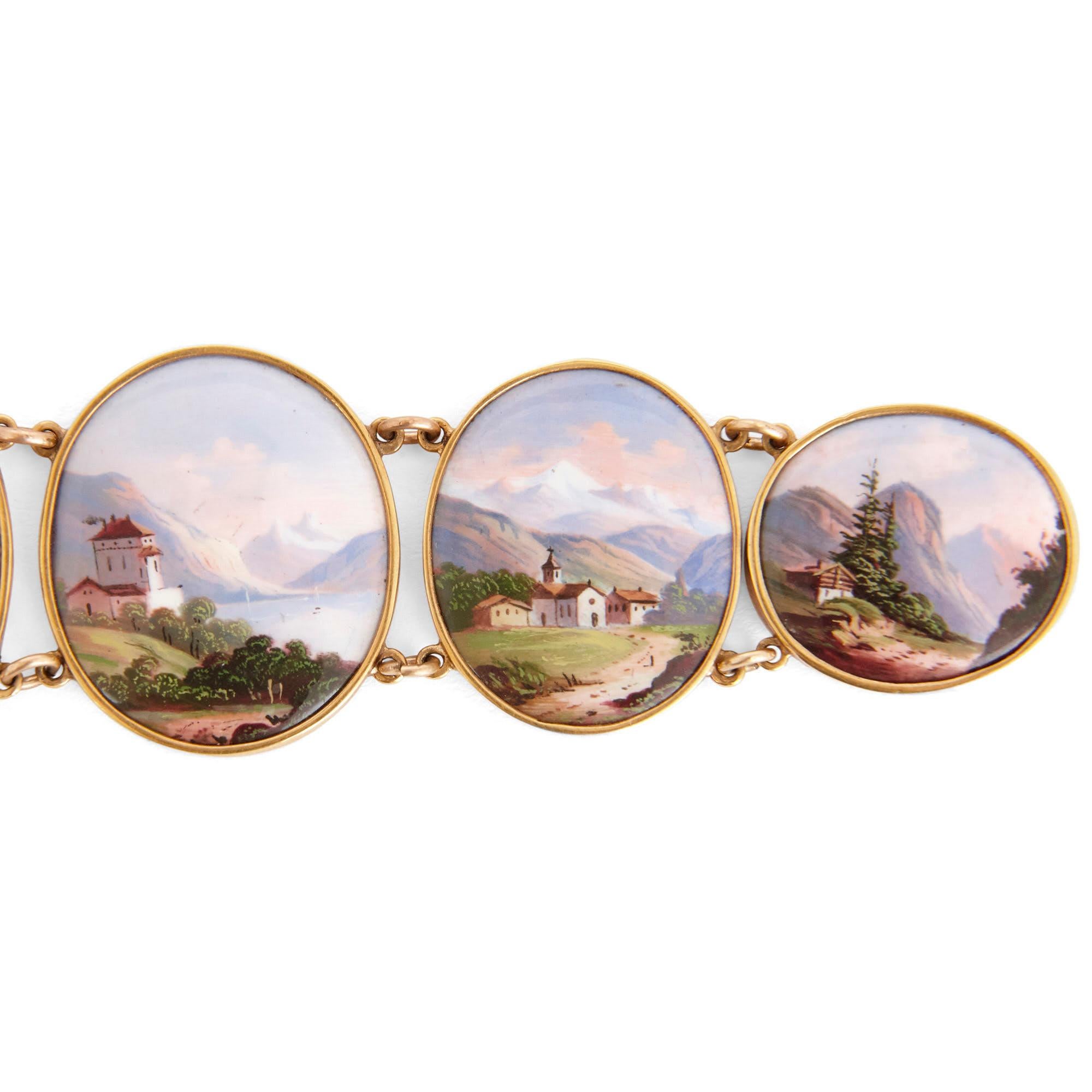 Swiss Gold Bracelet with Painted Enamel Plaques Portraying the Alps For Sale