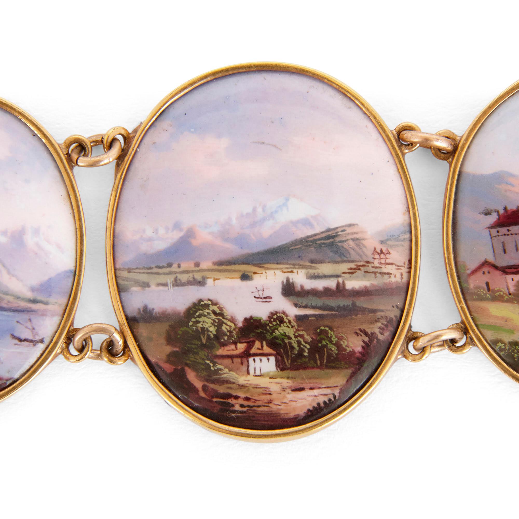 Gold Bracelet with Painted Enamel Plaques Portraying the Alps In Good Condition For Sale In London, GB