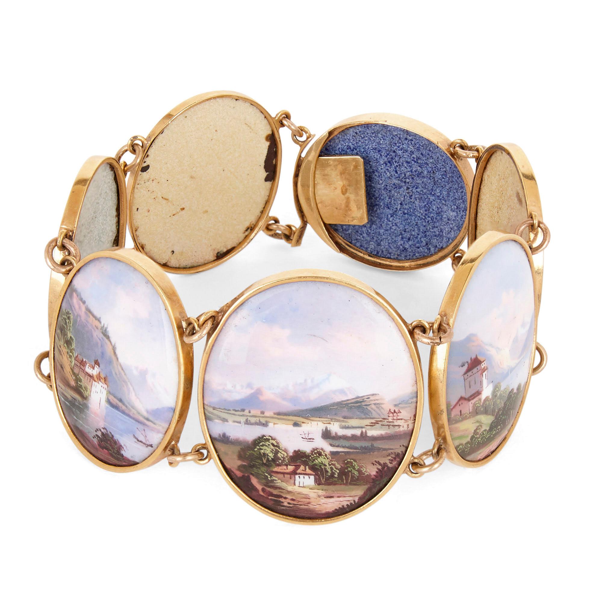 19th Century Gold Bracelet with Painted Enamel Plaques Portraying the Alps For Sale