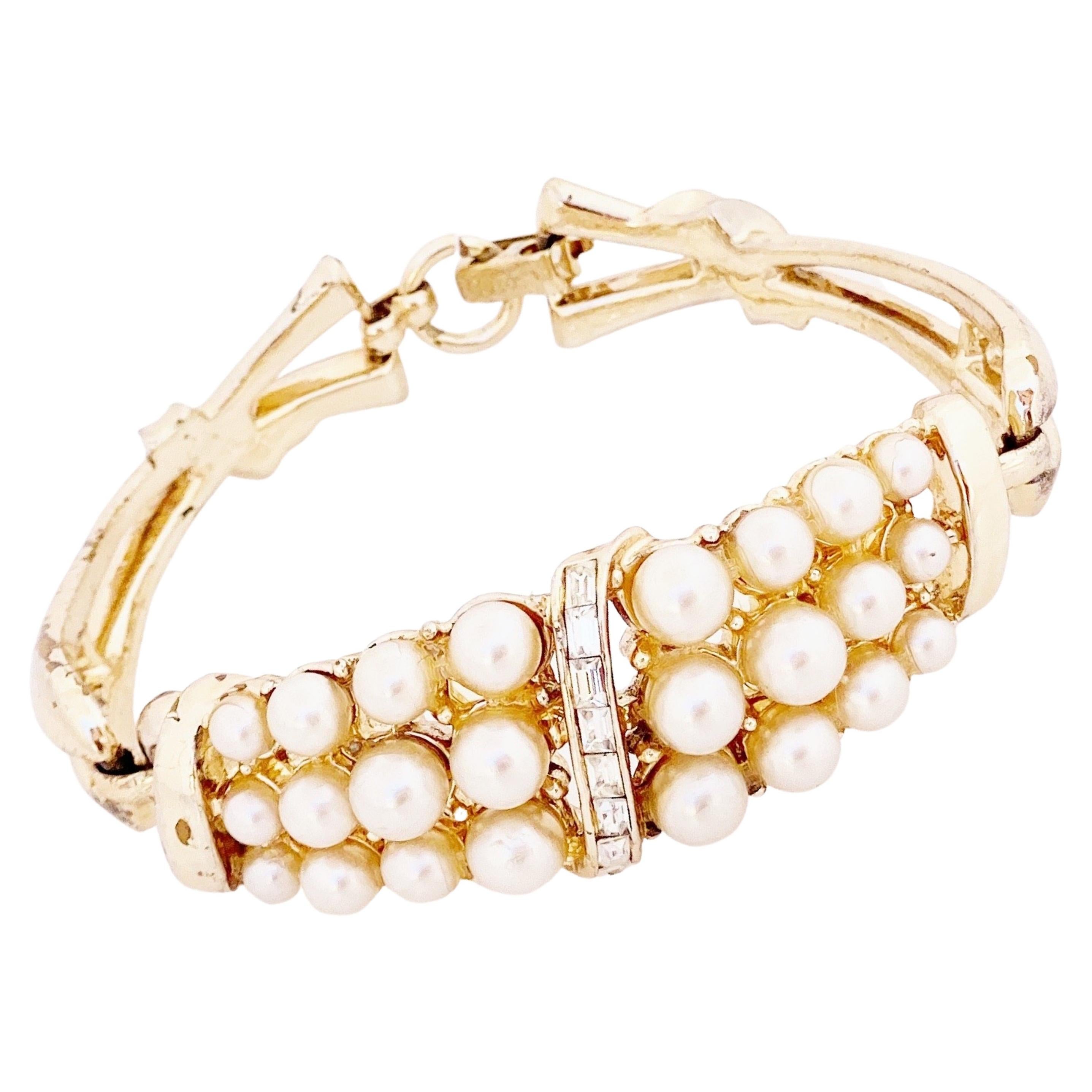 Gold Bracelet With Pearls & Baguette Crystals By Coro, 1940s