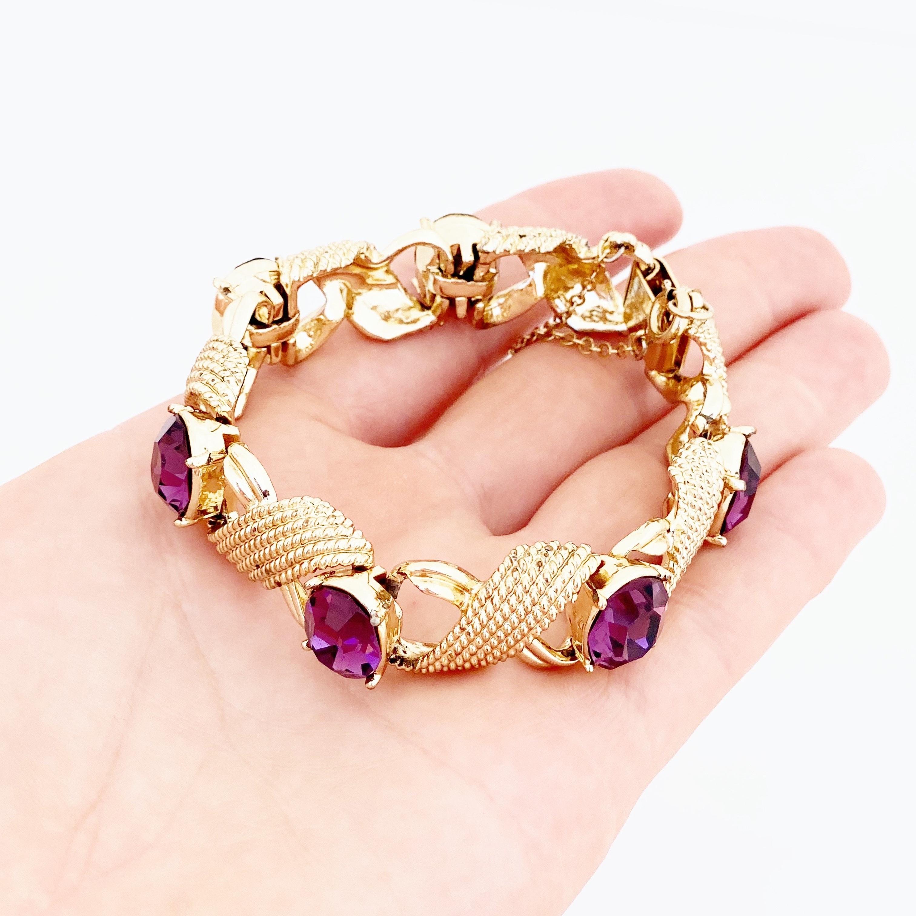 Gold Bracelet With Purple Crystals By Corocraft, 1950s 6