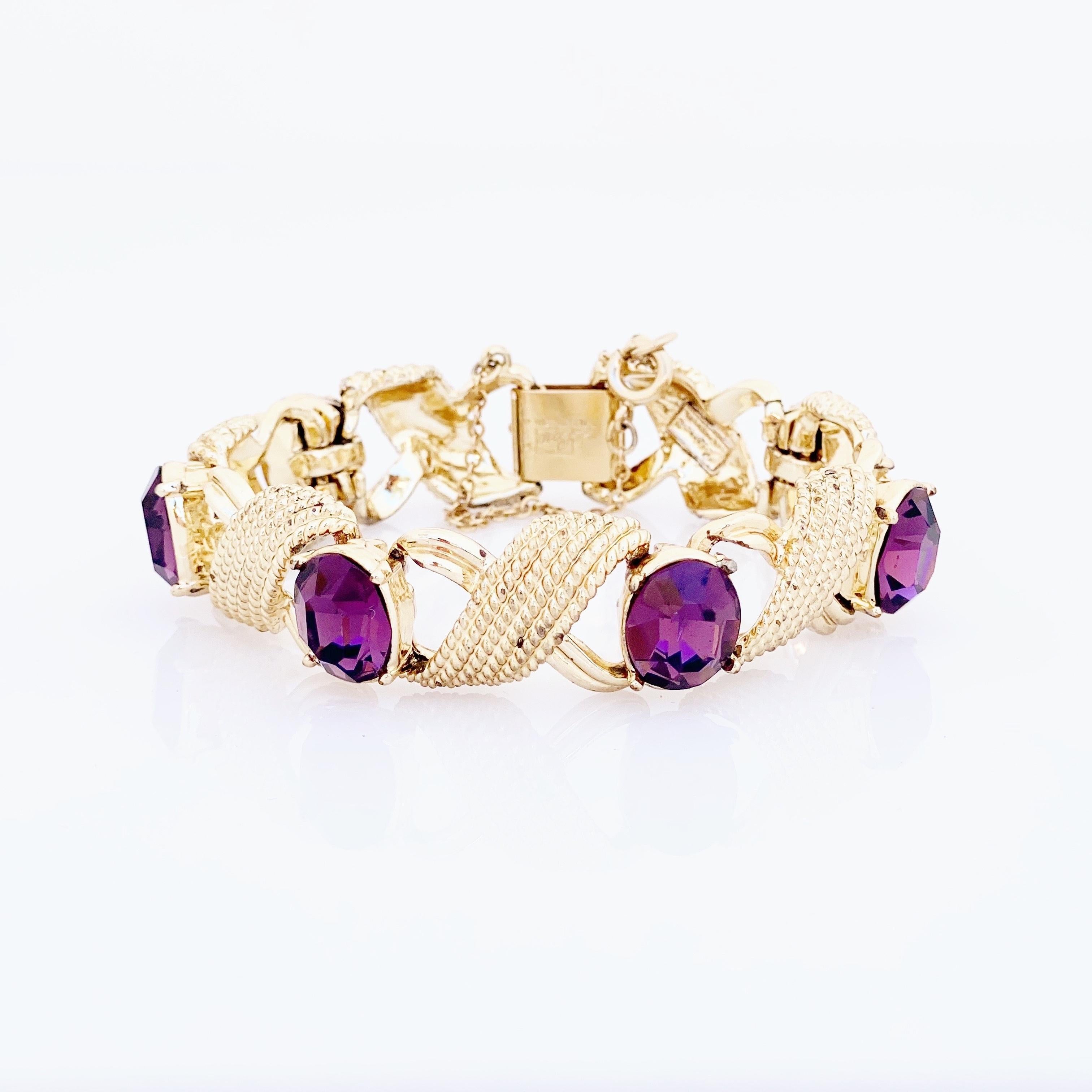 Modern Gold Bracelet With Purple Crystals By Corocraft, 1950s