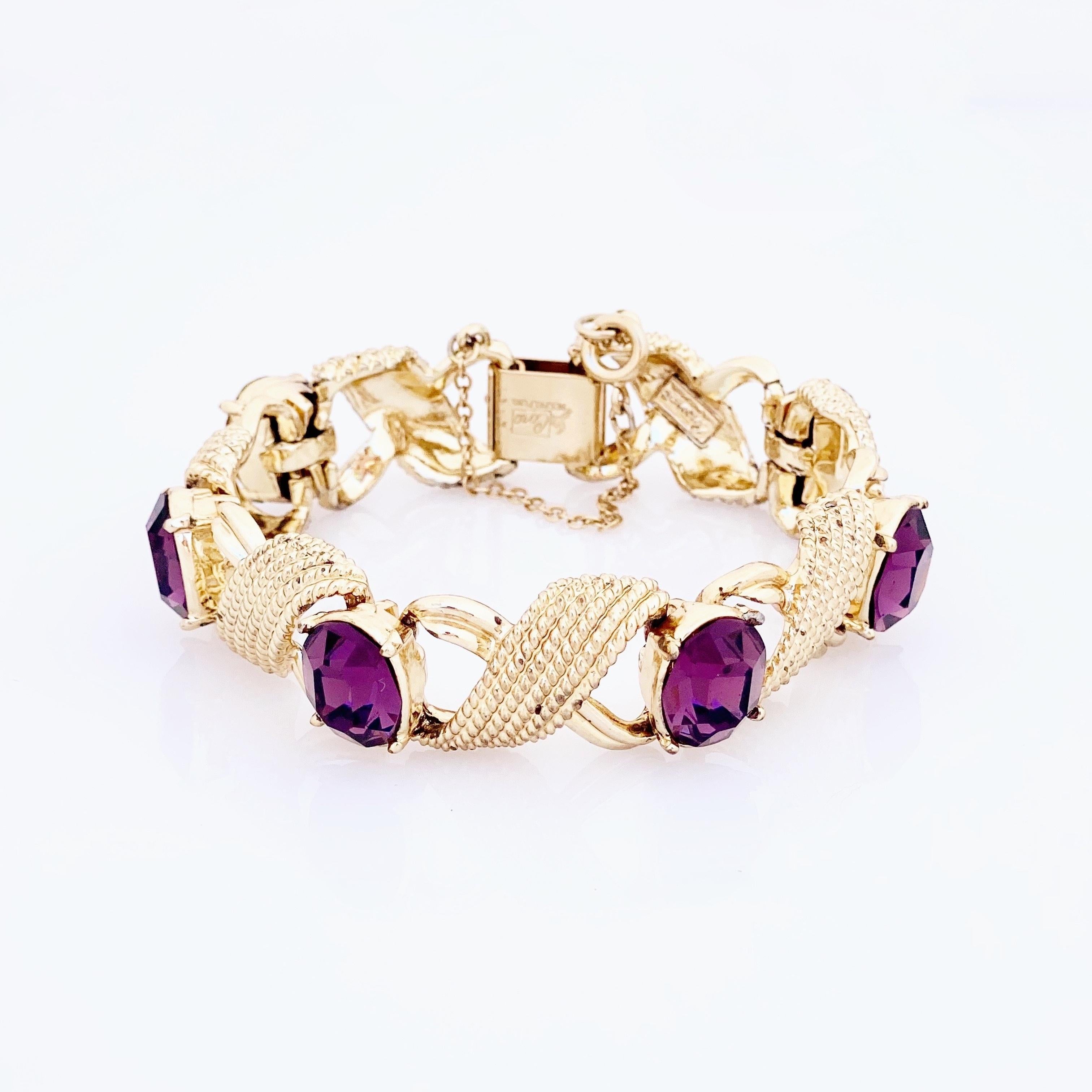 Gold Bracelet With Purple Crystals By Corocraft, 1950s In Good Condition In McKinney, TX