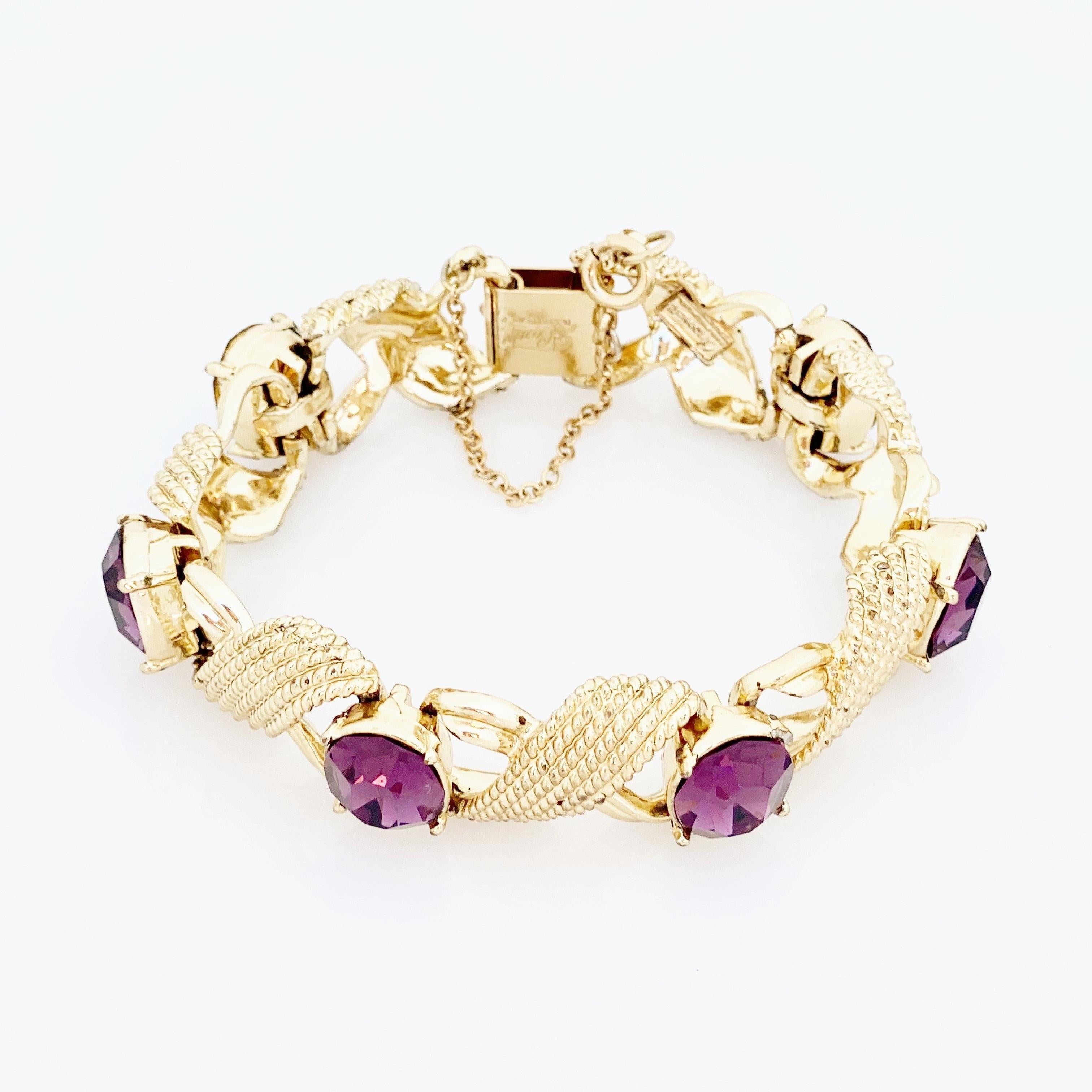 Women's Gold Bracelet With Purple Crystals By Corocraft, 1950s