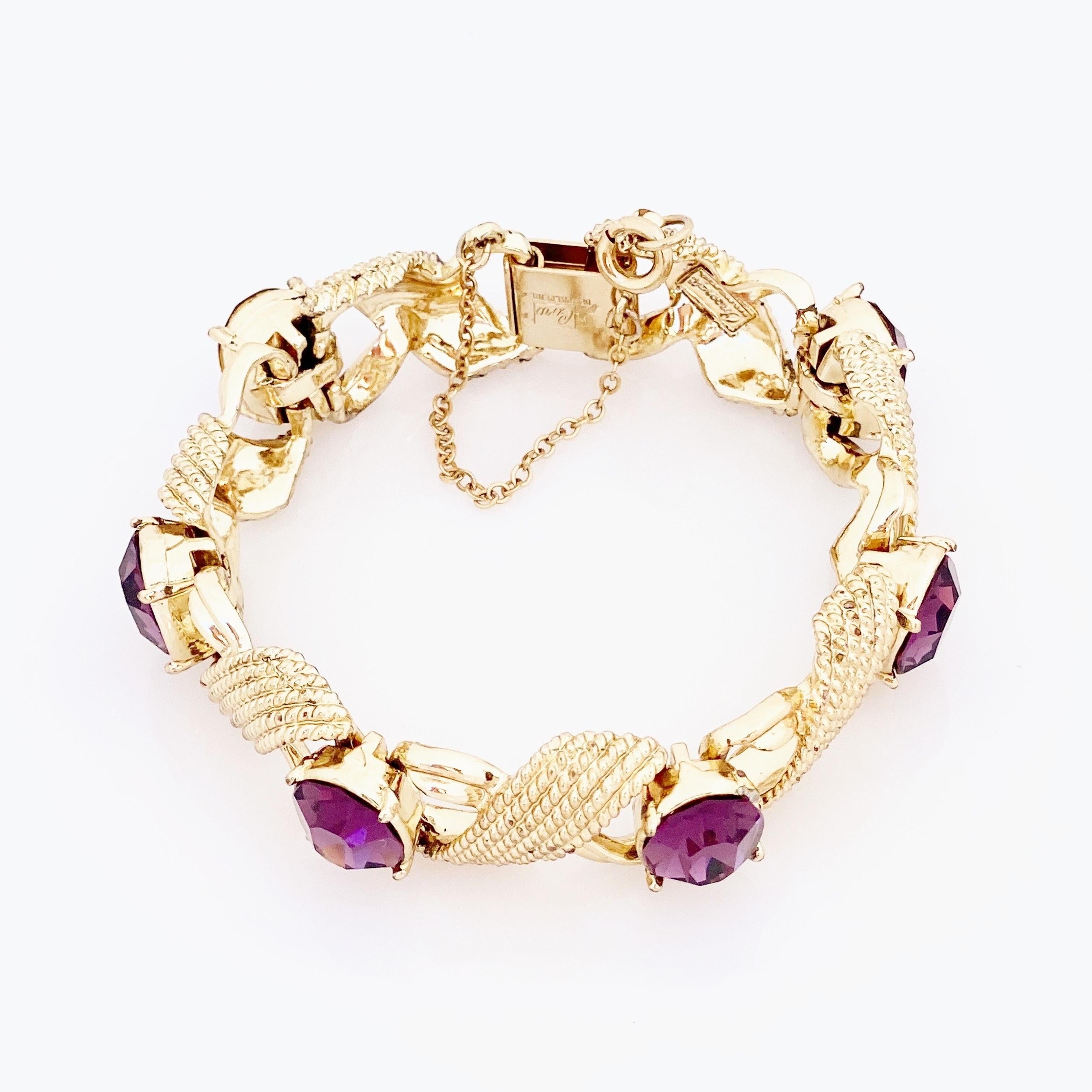 Gold Bracelet With Purple Crystals By Corocraft, 1950s 1
