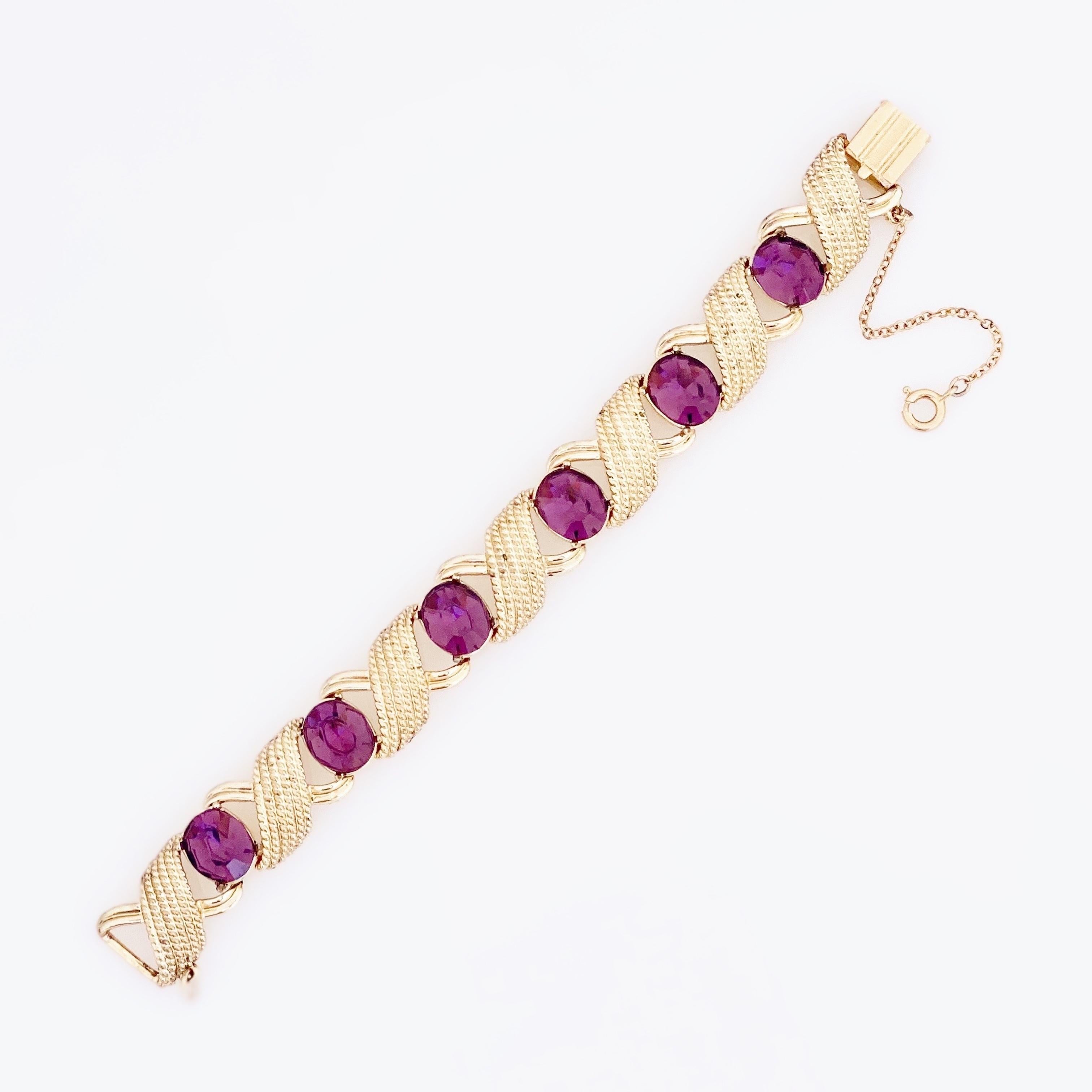Gold Bracelet With Purple Crystals By Corocraft, 1950s 2