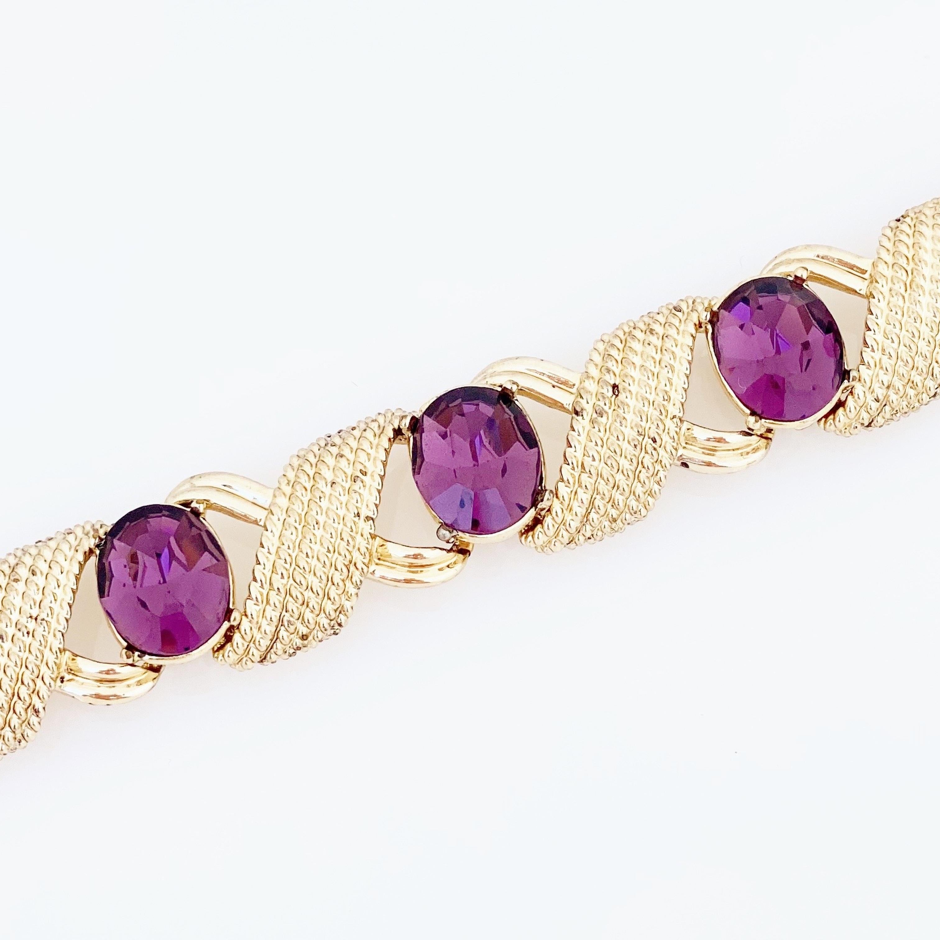 Gold Bracelet With Purple Crystals By Corocraft, 1950s 3