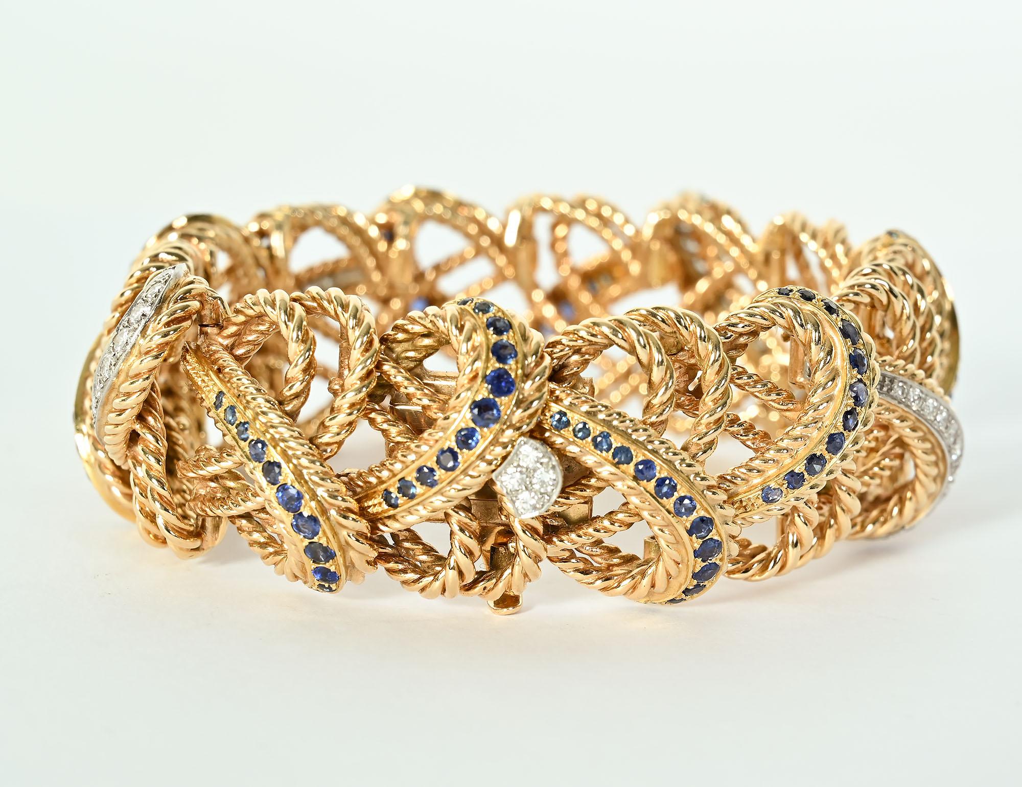 Contemporary Gold Bracelet with Sapphires and Diamonds For Sale
