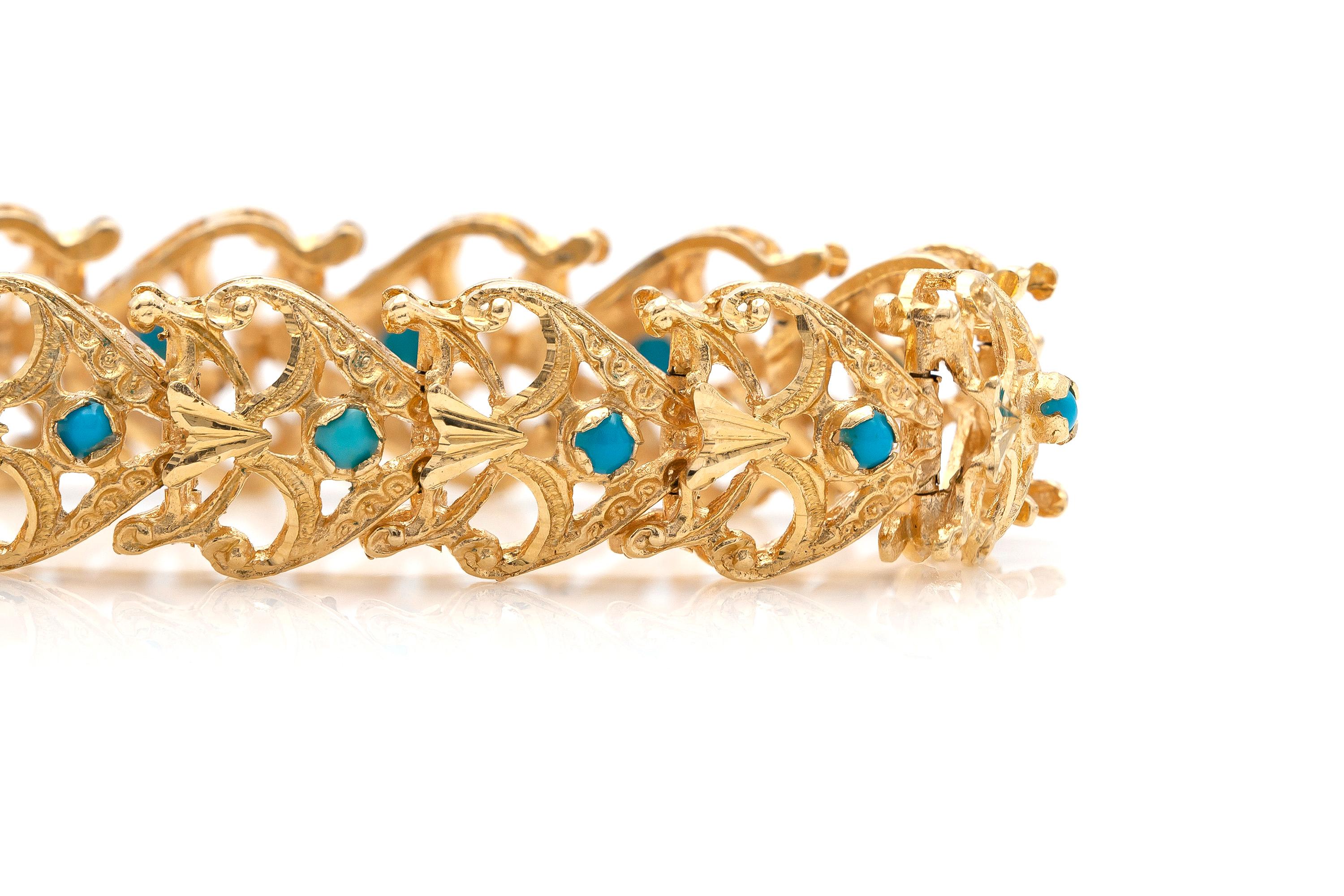 Finely crafted in 18K yellow gold featuring turquoise beads. 