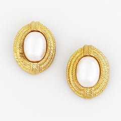 Gold Braid Texture Statement Earrings with Faux Pearls by Givenchy, 1980s