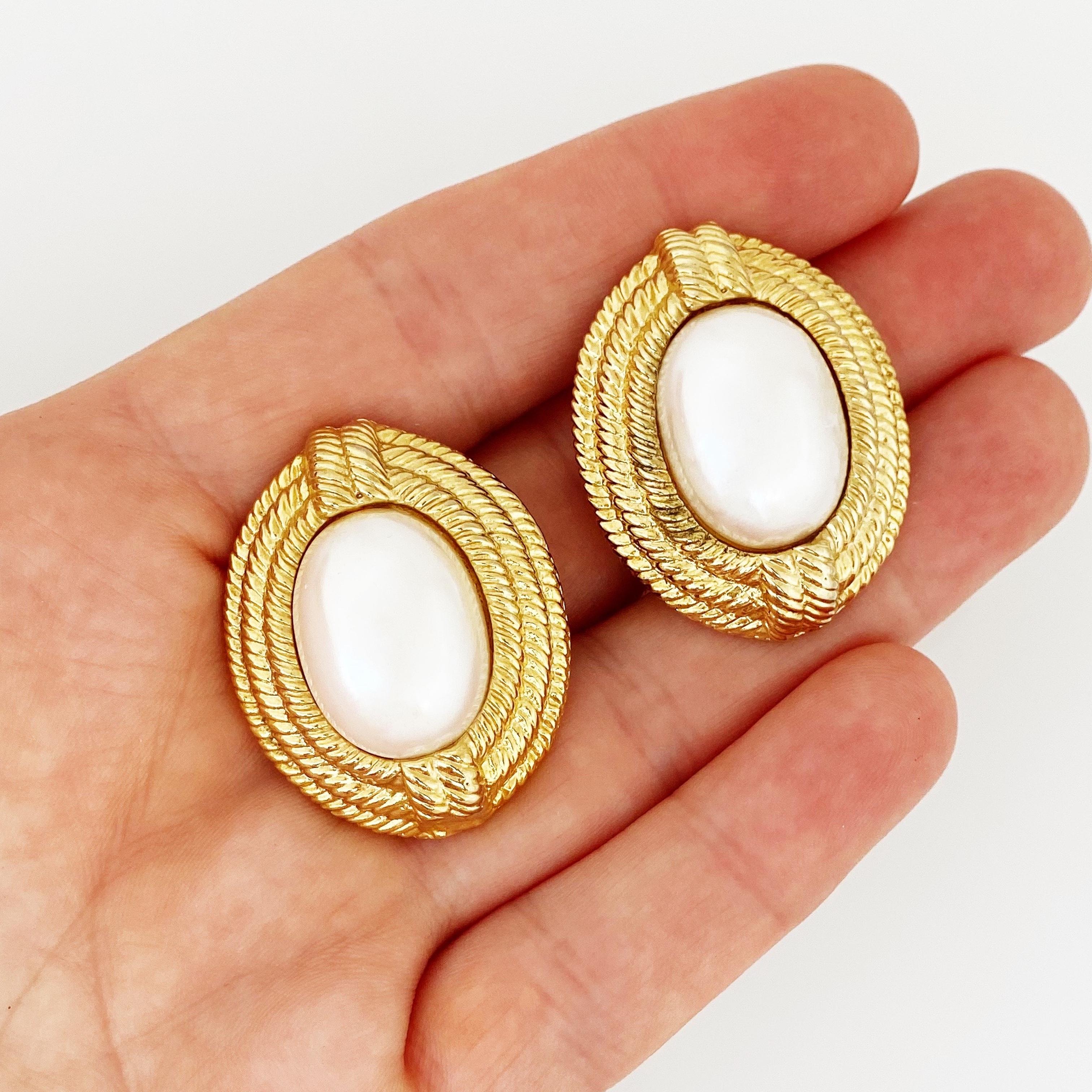 Modern Gold Braid Texture Statement Earrings with Faux Pearls by Givenchy, 1980s For Sale