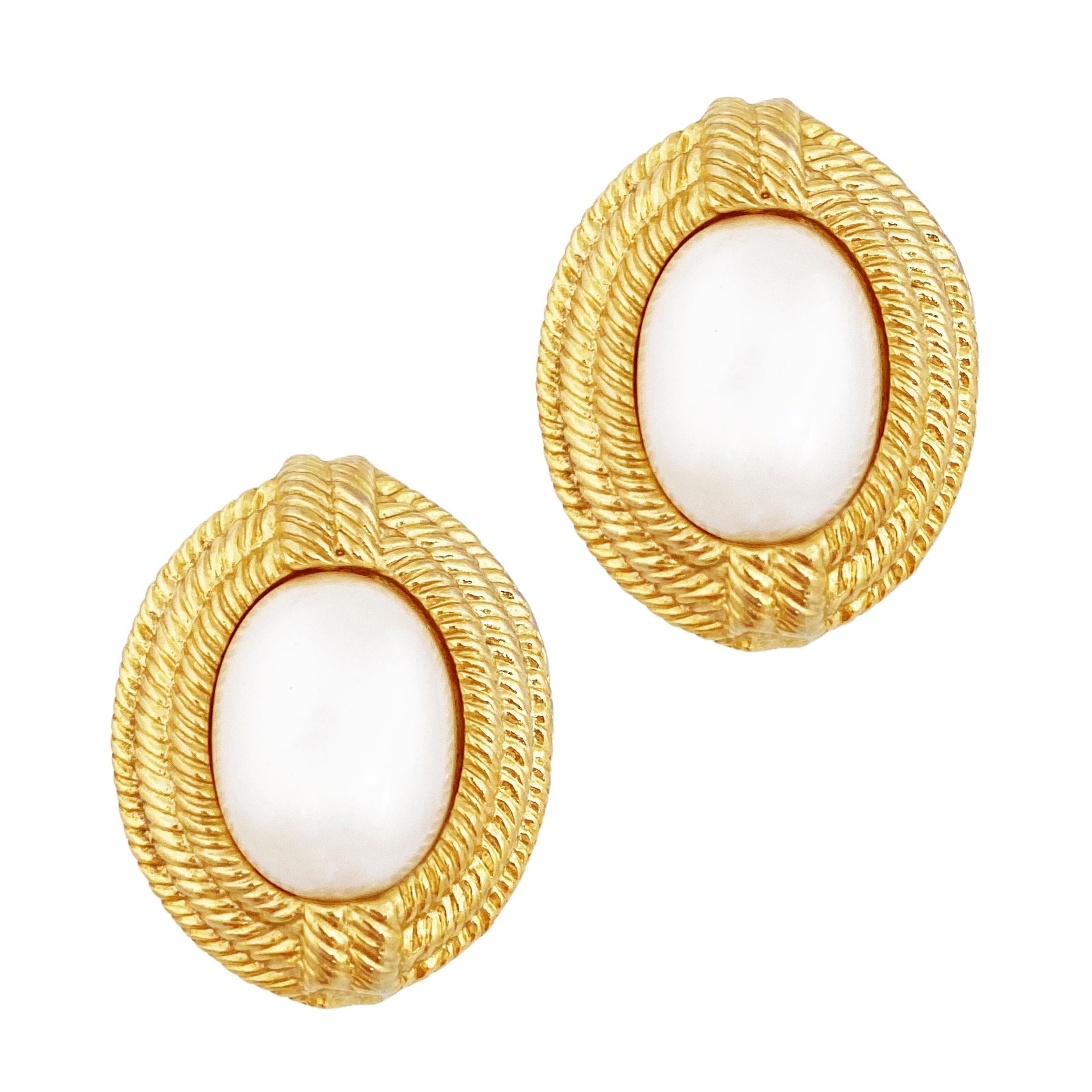Gold Braid Texture Statement Earrings with Faux Pearls by Givenchy, 1980s