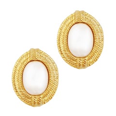 Gold Braid Texture Statement Earrings with Faux Pearls by Givenchy, 1980s