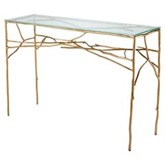 Gold Branch-Style Console Table with Clear Glass Top
