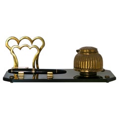 Gold Brass and Black Glass Inkwell