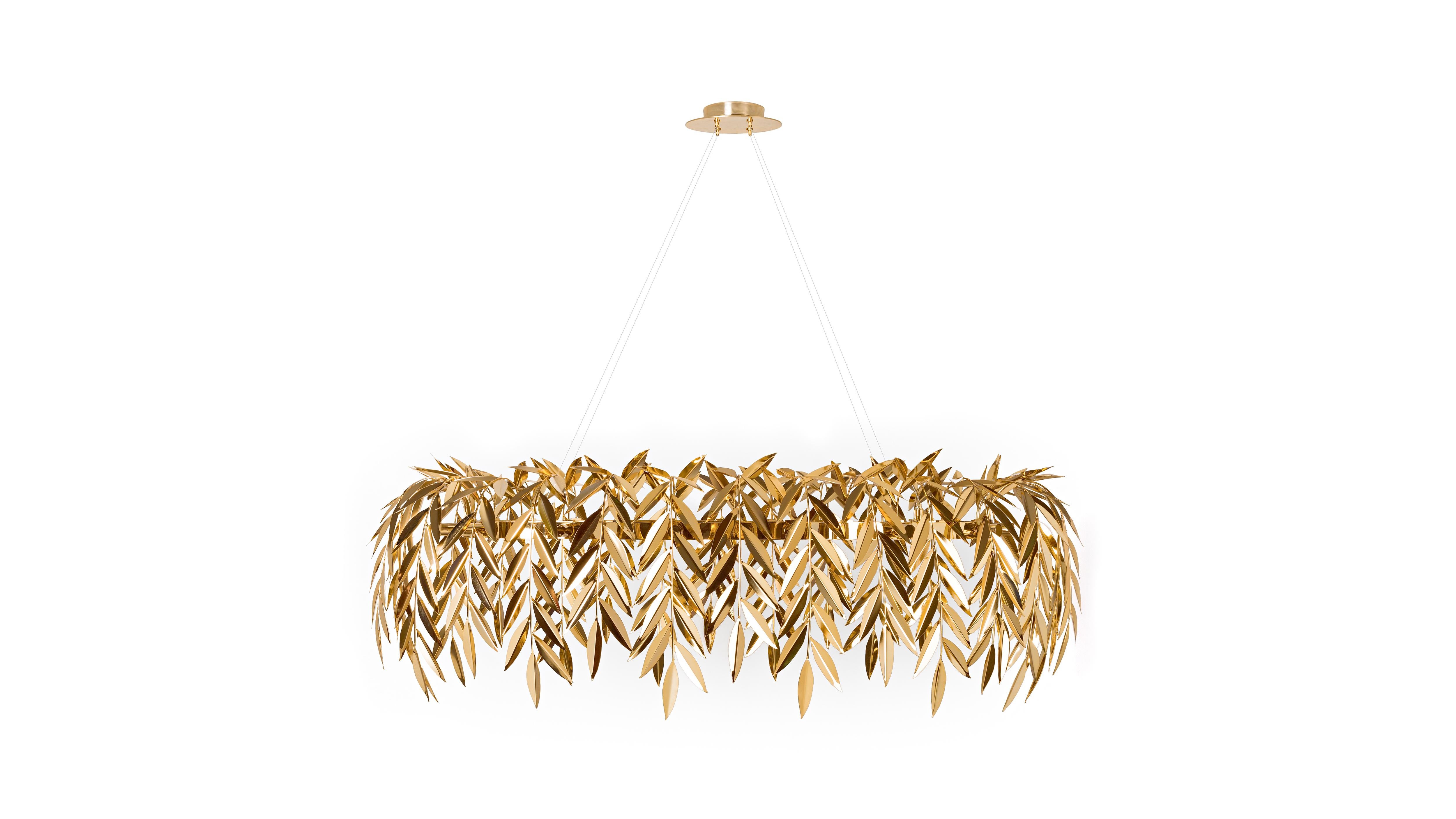 Gold Brass Azores Chandelier by InsidherLand
Dimensions: D 80 x W 130 x H 42 cm.
Materials: Polished brass with gold bath finish.
7 kg.

Born in the middle of the Atlantic Ocean, the archipelago of the Azores was formed by volcanic activity and
