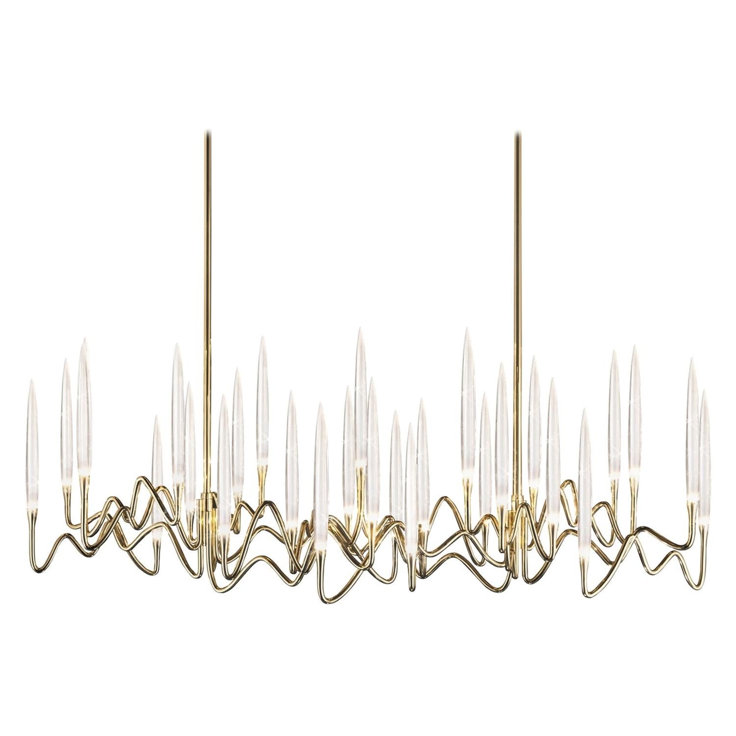 Gold Brass Chandelier with Crystal LEDs, Made in Italy For Sale