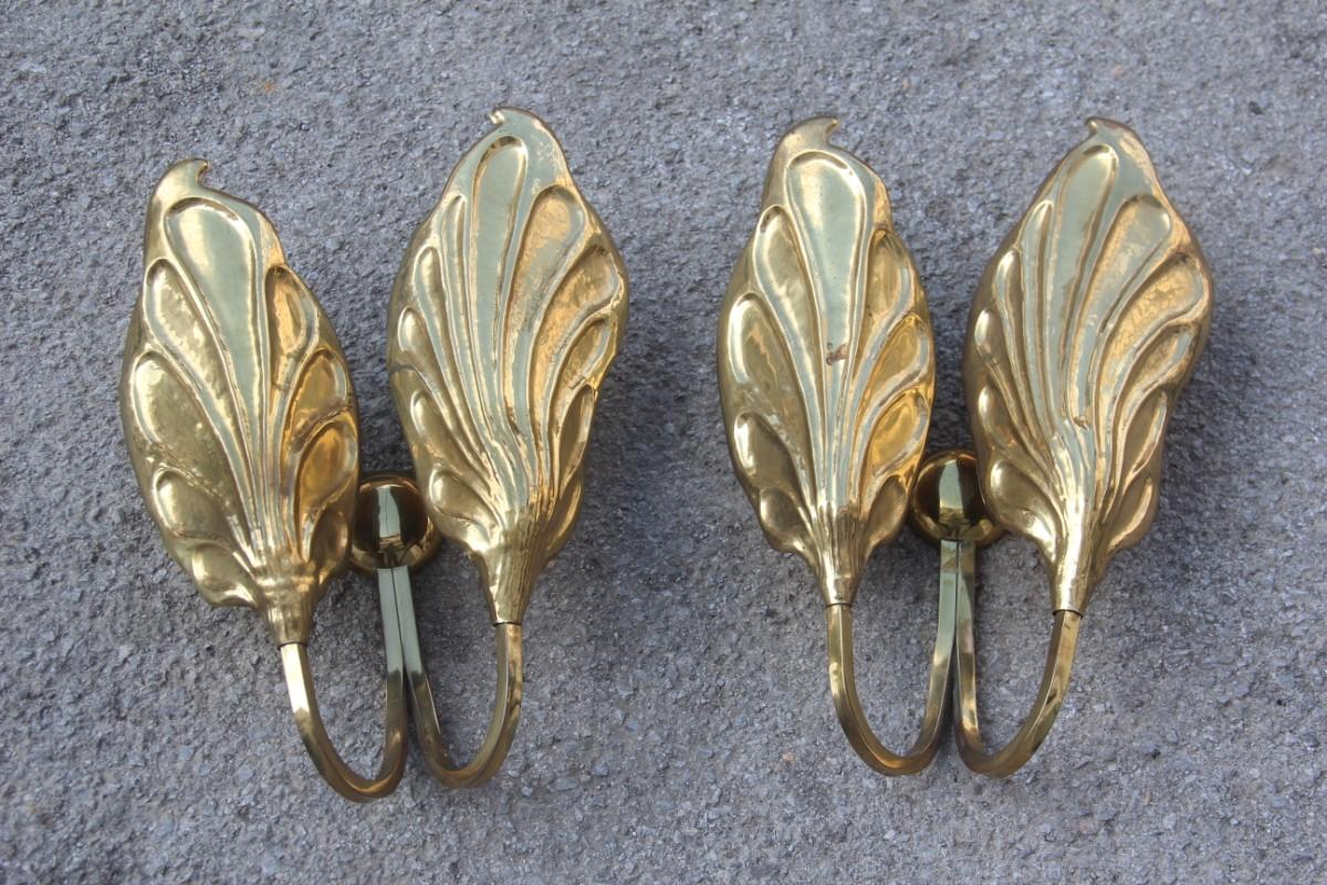Gold brass pair Bottega Gadda Carlo Giorgi wall sconces leaves Italian design 1970s.