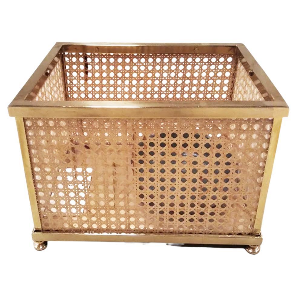 Gold Brass Planter, Cachepot Jardinière Rattan Vienna Straw  Plexiglass , 1950s For Sale
