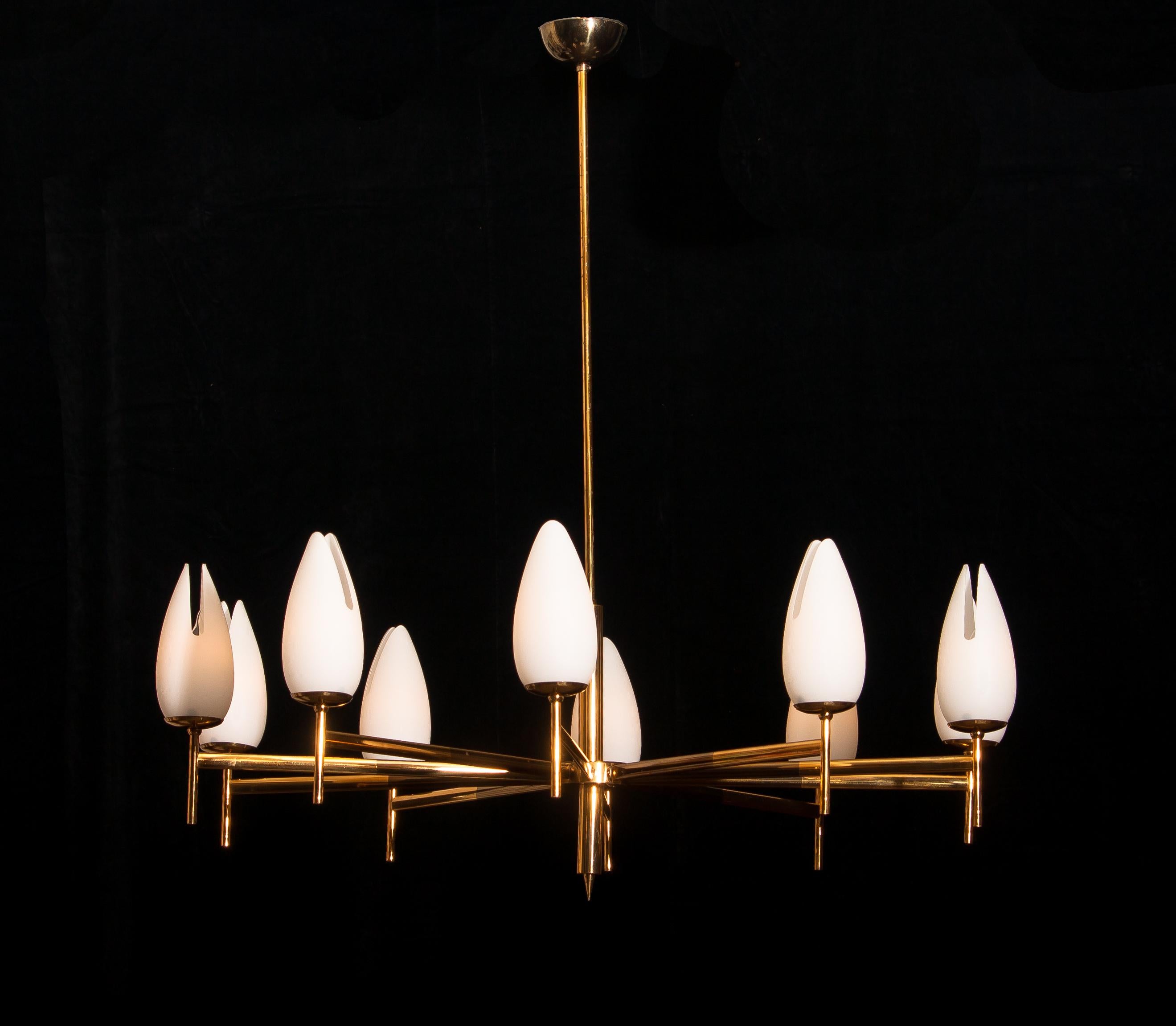 Beautiful and original midcentury chandelier with ten tulip shaped matte white Murano glasses on a two tone brass frame by Stilnovo Italy.

Period: 1960s. 
10 lights. Technical 100% / E14 / 17.
The dimensions are: ø of the fixture, 100 cm / 40