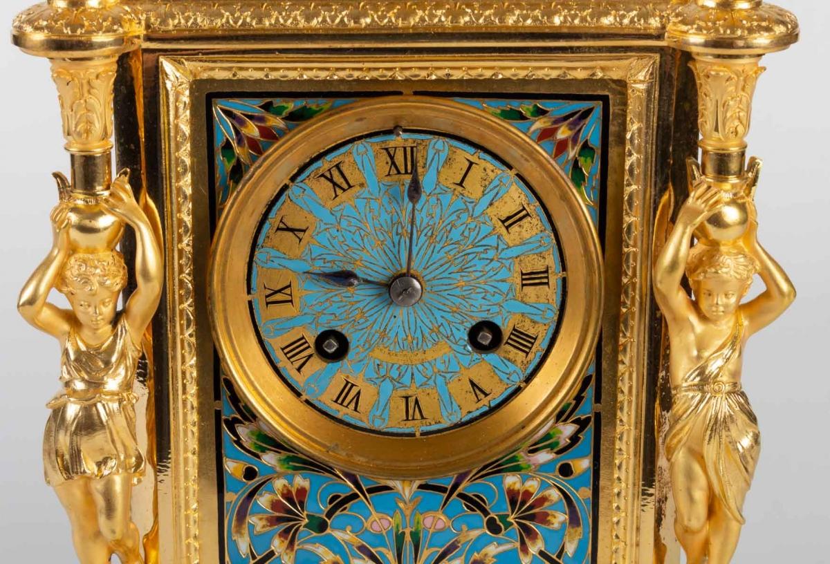 Napoleon III Gold Bronze and Enamel Cloisonné Clock