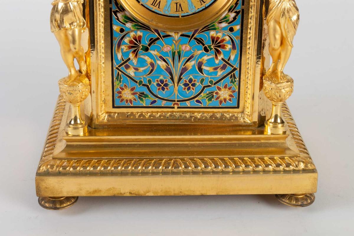 French Gold Bronze and Enamel Cloisonné Clock