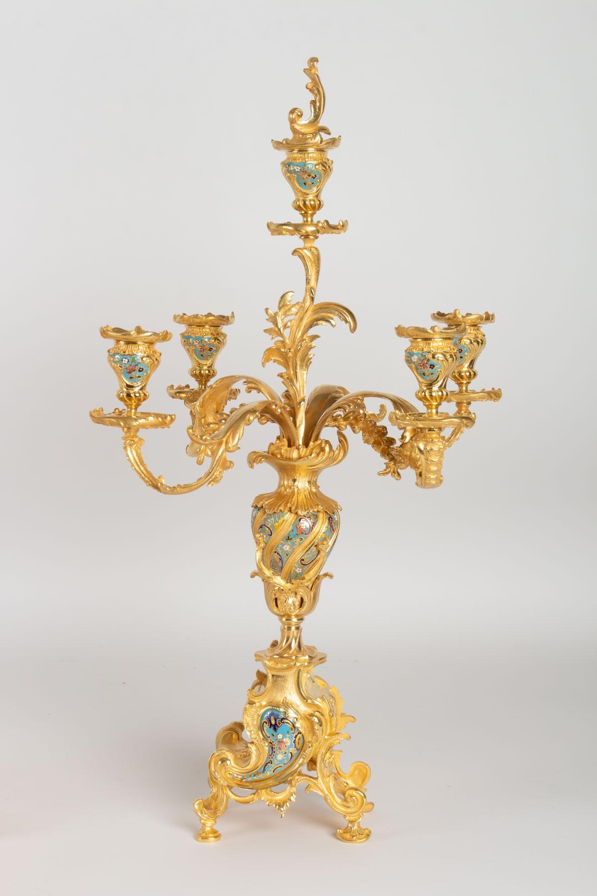 Napoleon III Gold Bronze and Enamel Fireplace Clock