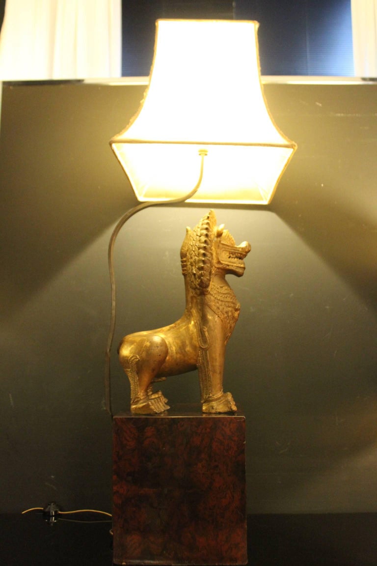 Gold Bronze "Foo Dog" Lamps, Shade in Real Parchment, 1950 For Sale at