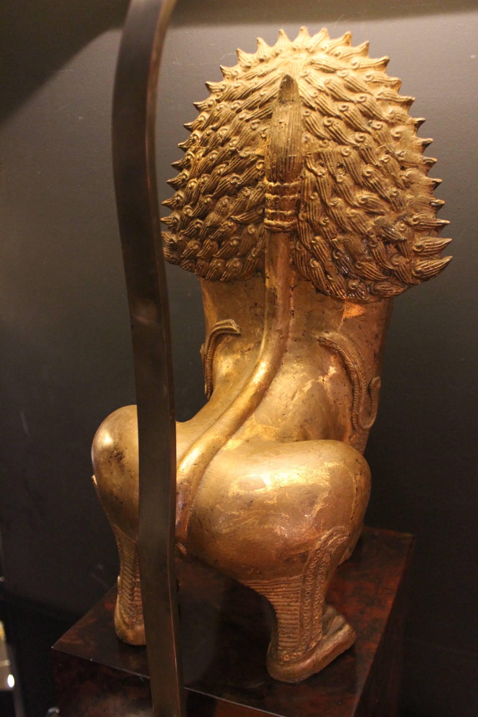 Lampes Foo Dog en bronze doré, abat-jour en parchemin réel, 1950 en vente 2