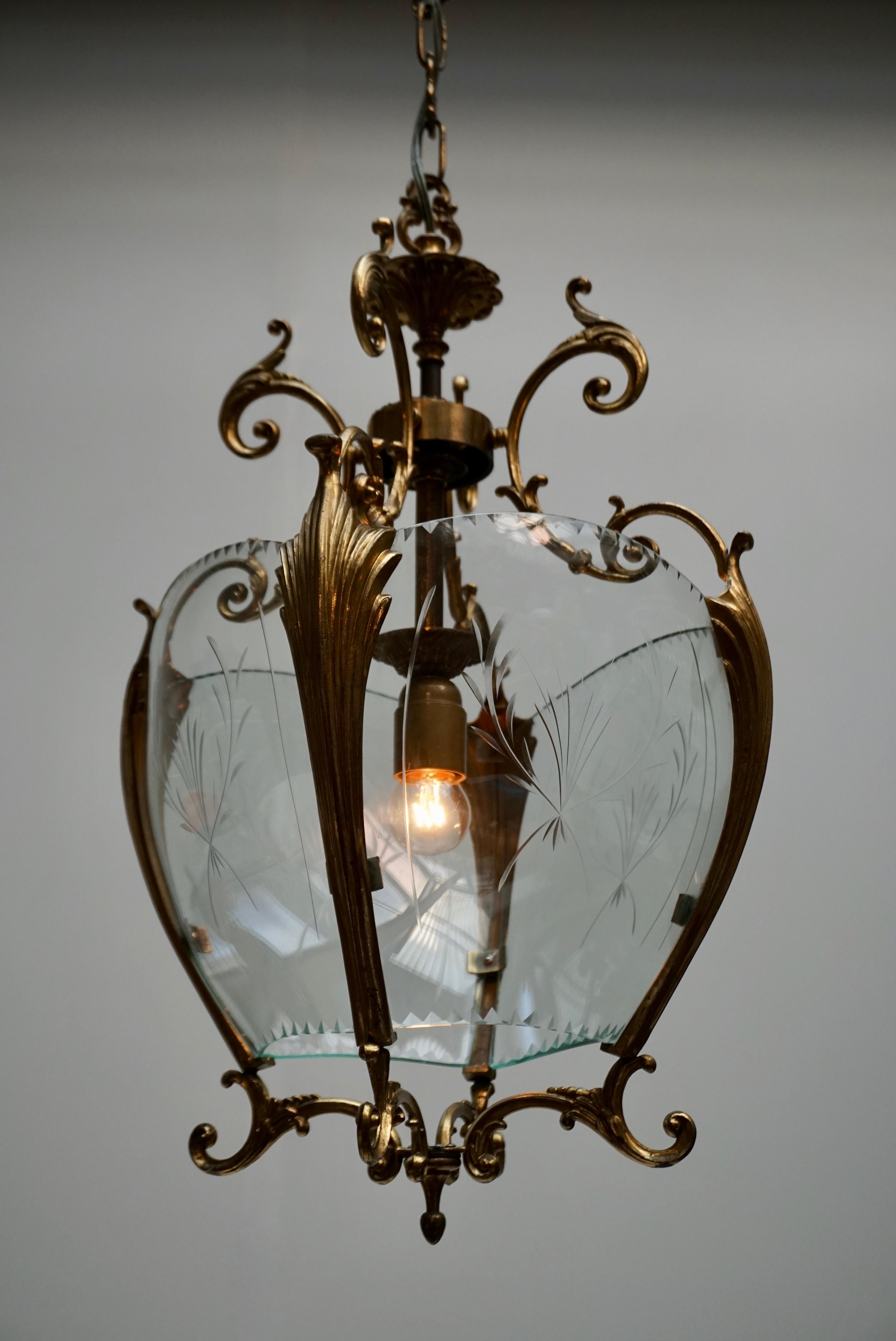 Brass Gold Bronze Hall Lantern with Finely Cut Glass, circa 1950s For Sale