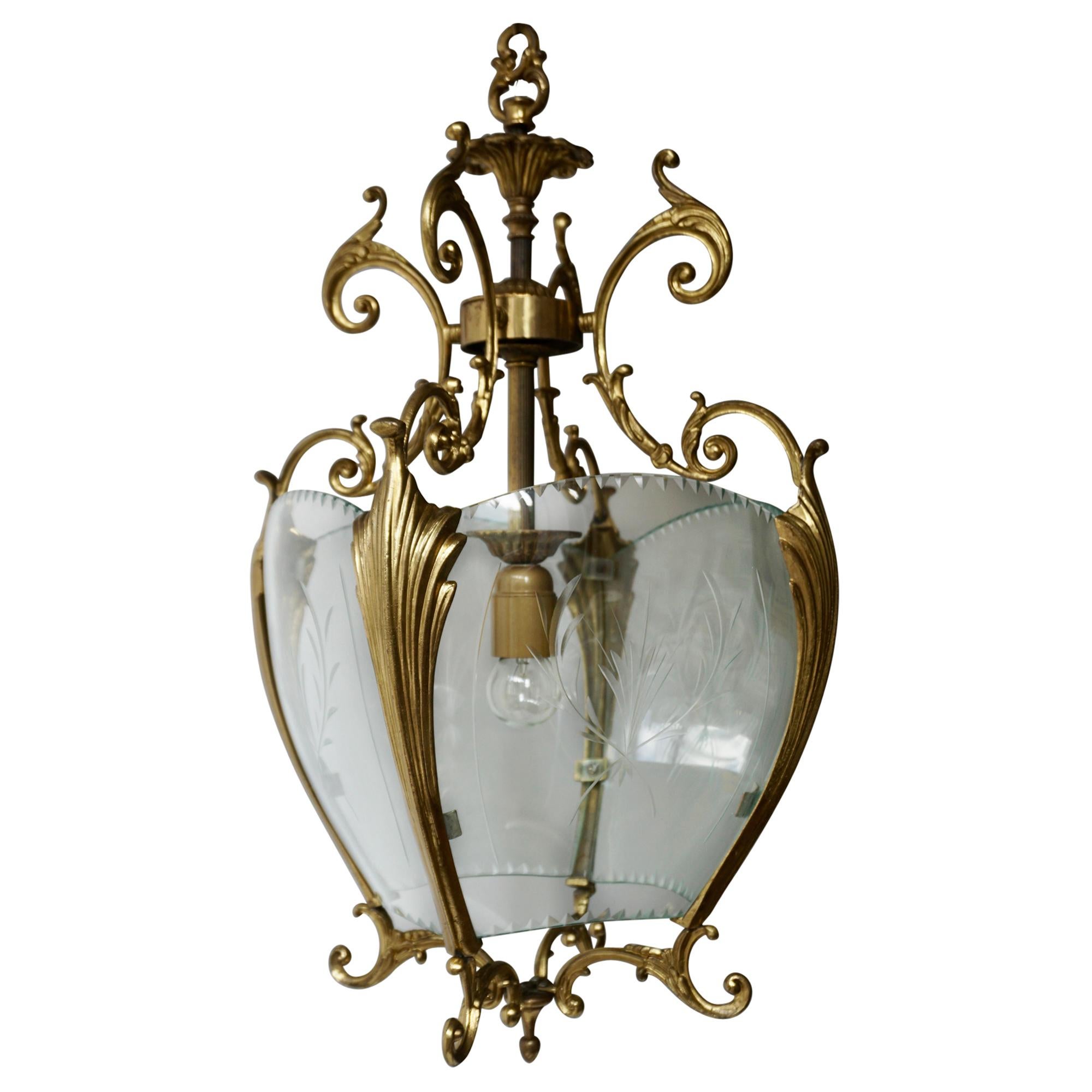 Gold Bronze Hall Lantern with Finely Cut Glass, circa 1950s For Sale