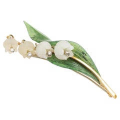 Gold brooch, lily of the valley with diamonds, jade, rock crystal