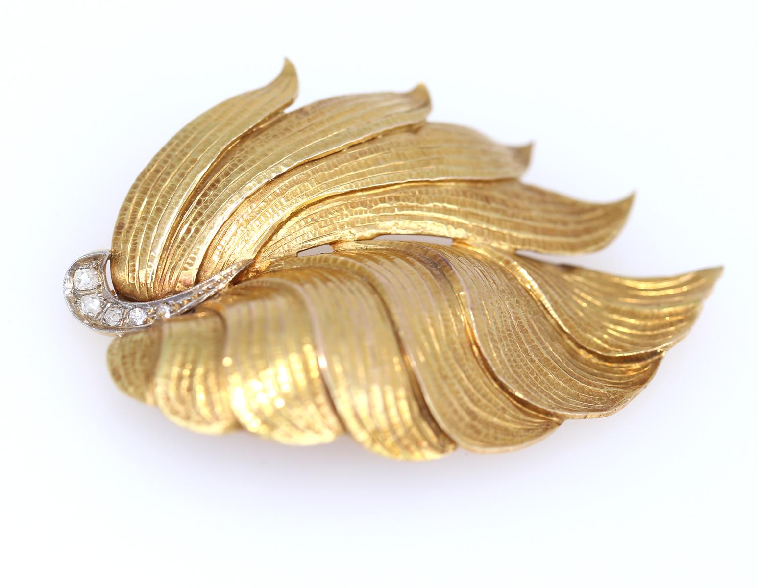 Gold Brooch Natural Ornament Leaves Diamonds, 1930 3